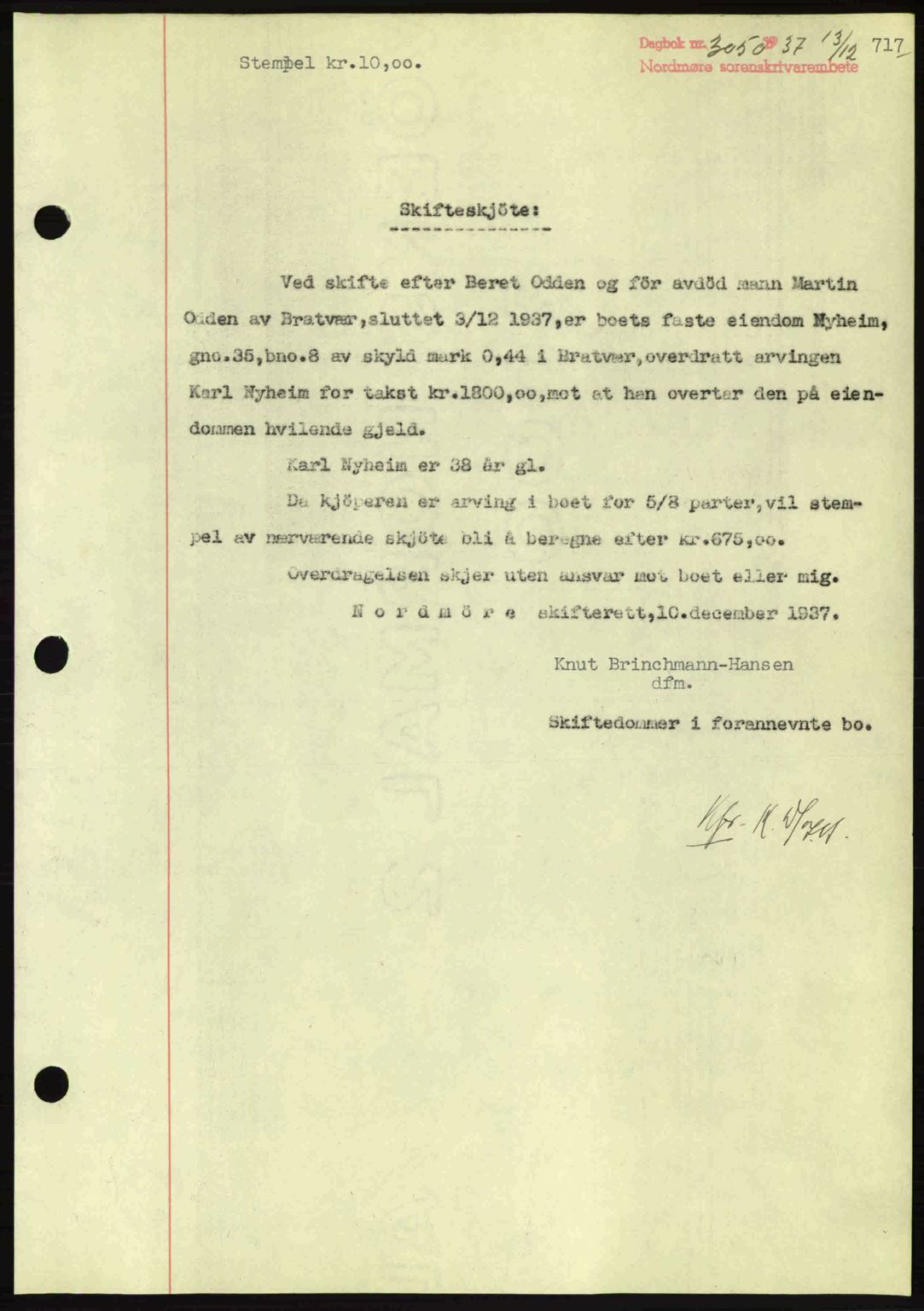 Nordmøre sorenskriveri, SAT/A-4132/1/2/2Ca: Mortgage book no. A82, 1937-1938, Diary no: : 3050/1937