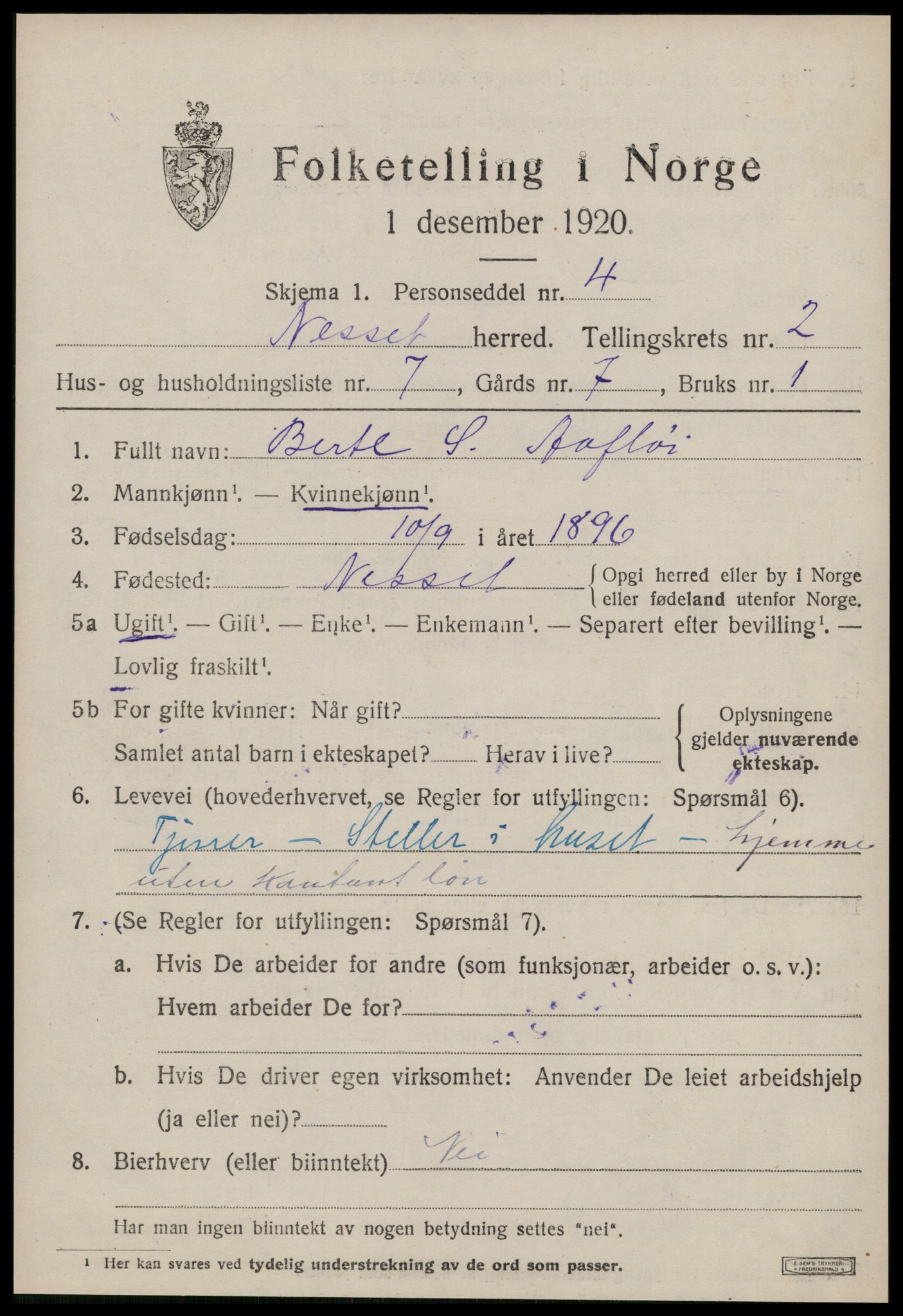 SAT, 1920 census for Nesset, 1920, p. 1092