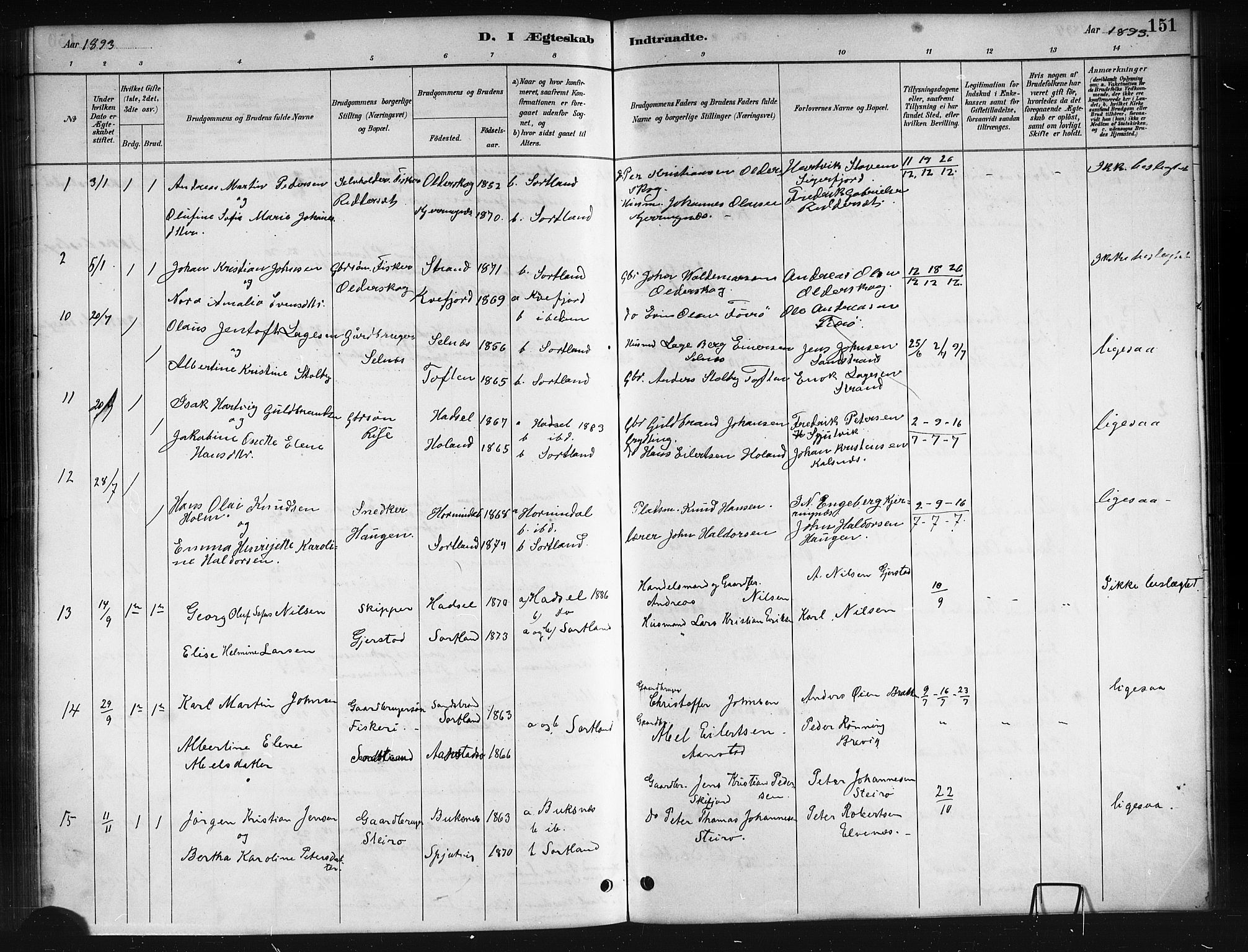 Ministerialprotokoller, klokkerbøker og fødselsregistre - Nordland, AV/SAT-A-1459/895/L1382: Parish register (copy) no. 895C04, 1885-1896, p. 151