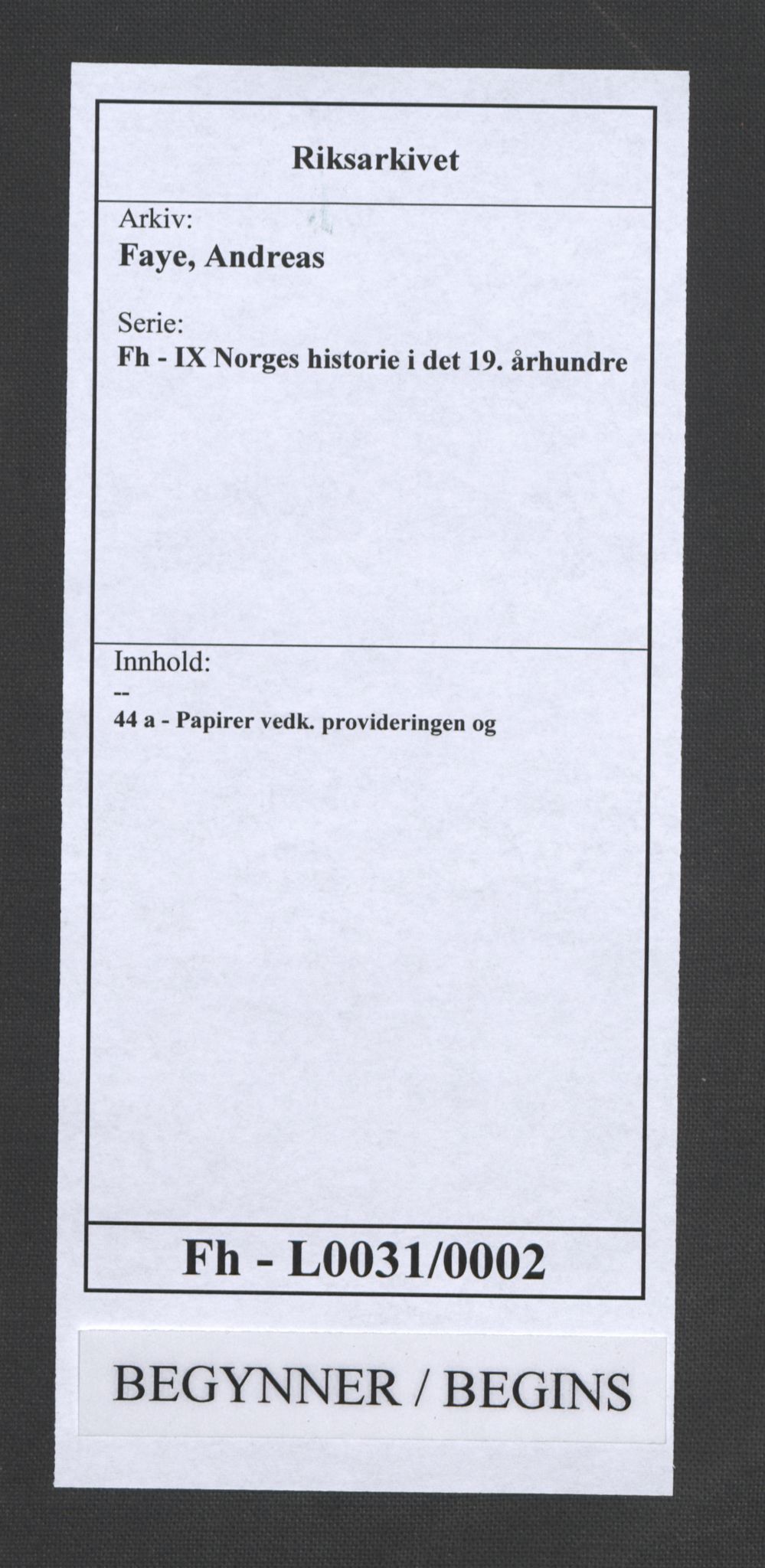 Faye, Andreas, RA/PA-0015/F/Fh/L0031/0002: -- / Papirer vedk. provideringen og høtransporten 1809, p. 1