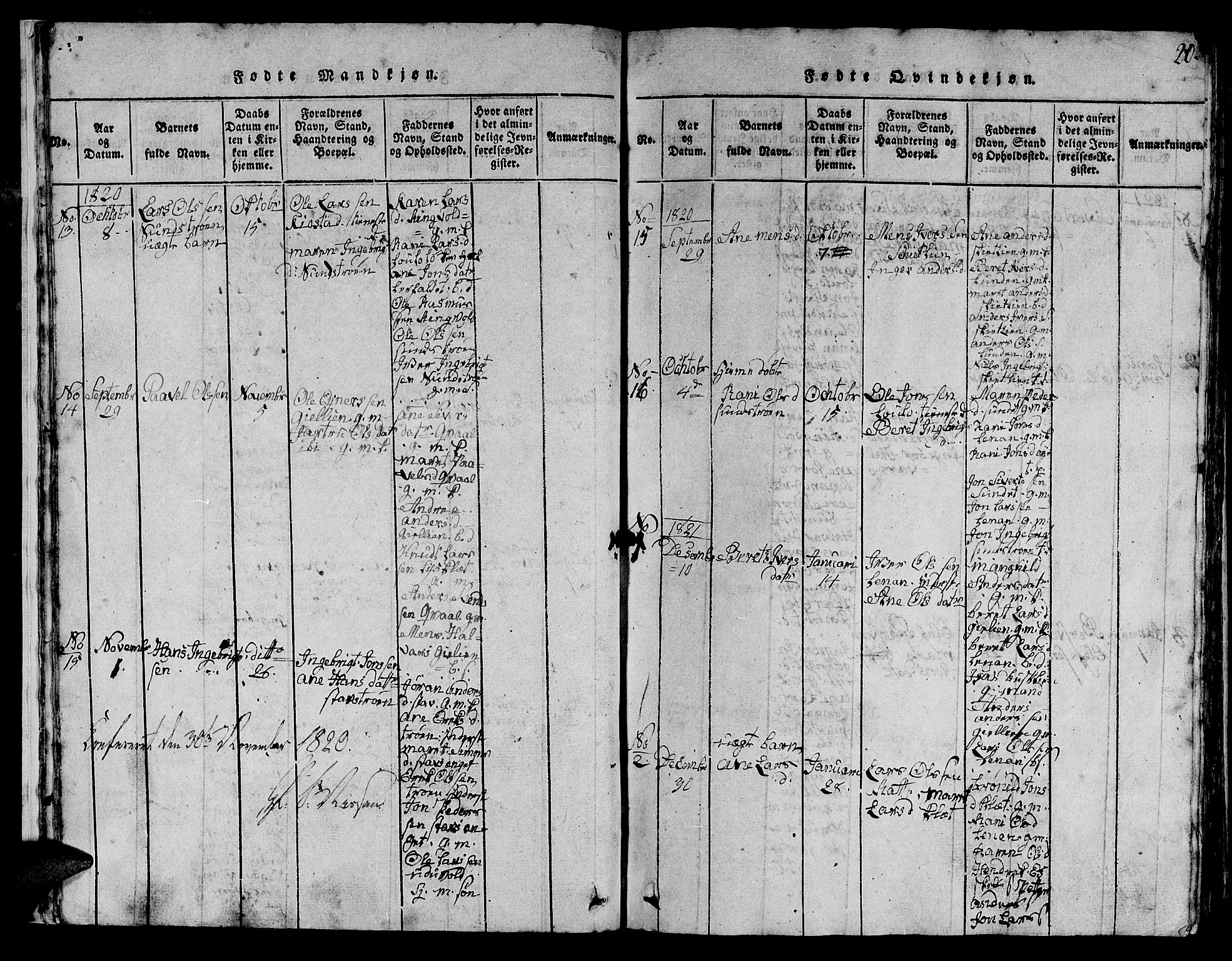 Ministerialprotokoller, klokkerbøker og fødselsregistre - Sør-Trøndelag, SAT/A-1456/613/L0393: Parish register (copy) no. 613C01, 1816-1886, p. 20
