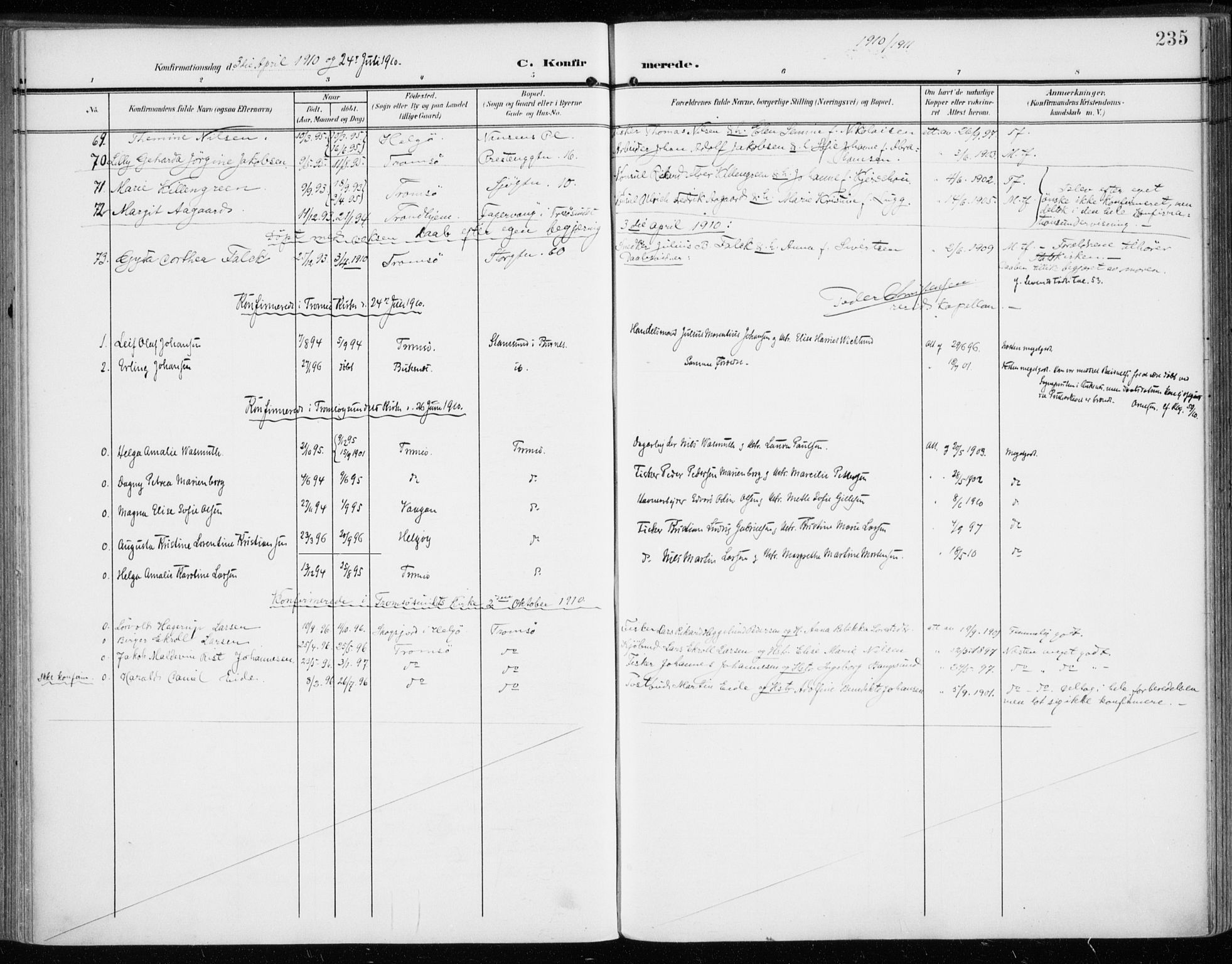 Tromsø sokneprestkontor/stiftsprosti/domprosti, AV/SATØ-S-1343/G/Ga/L0017kirke: Parish register (official) no. 17, 1907-1917, p. 235