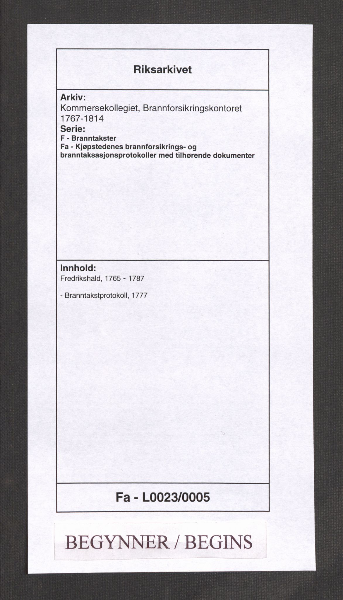 Kommersekollegiet, Brannforsikringskontoret 1767-1814, RA/EA-5458/F/Fa/L0023/0005: Fredrikshald / Branntakstprotokoll, 1777