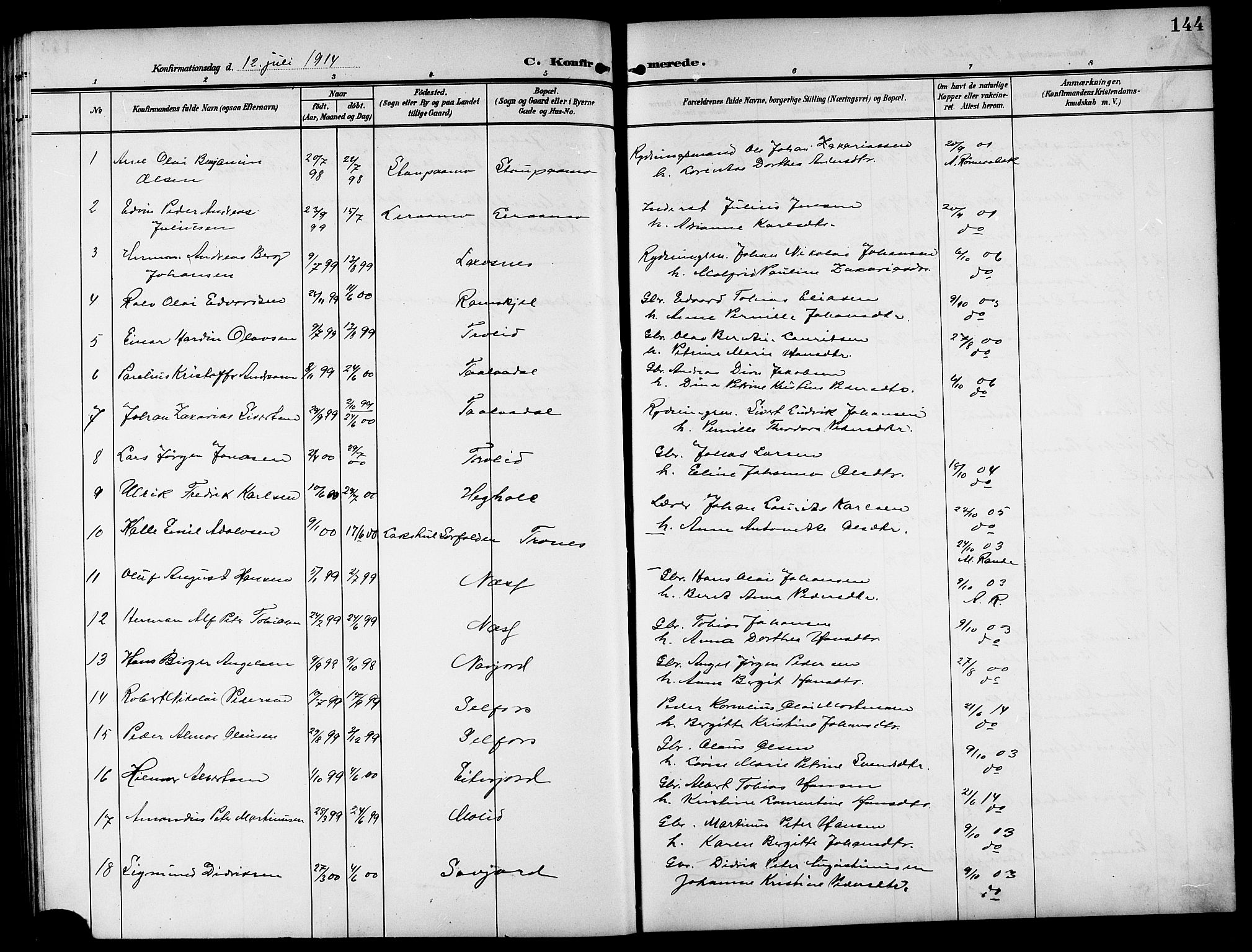 Ministerialprotokoller, klokkerbøker og fødselsregistre - Nordland, AV/SAT-A-1459/846/L0655: Parish register (copy) no. 846C05, 1902-1916, p. 144