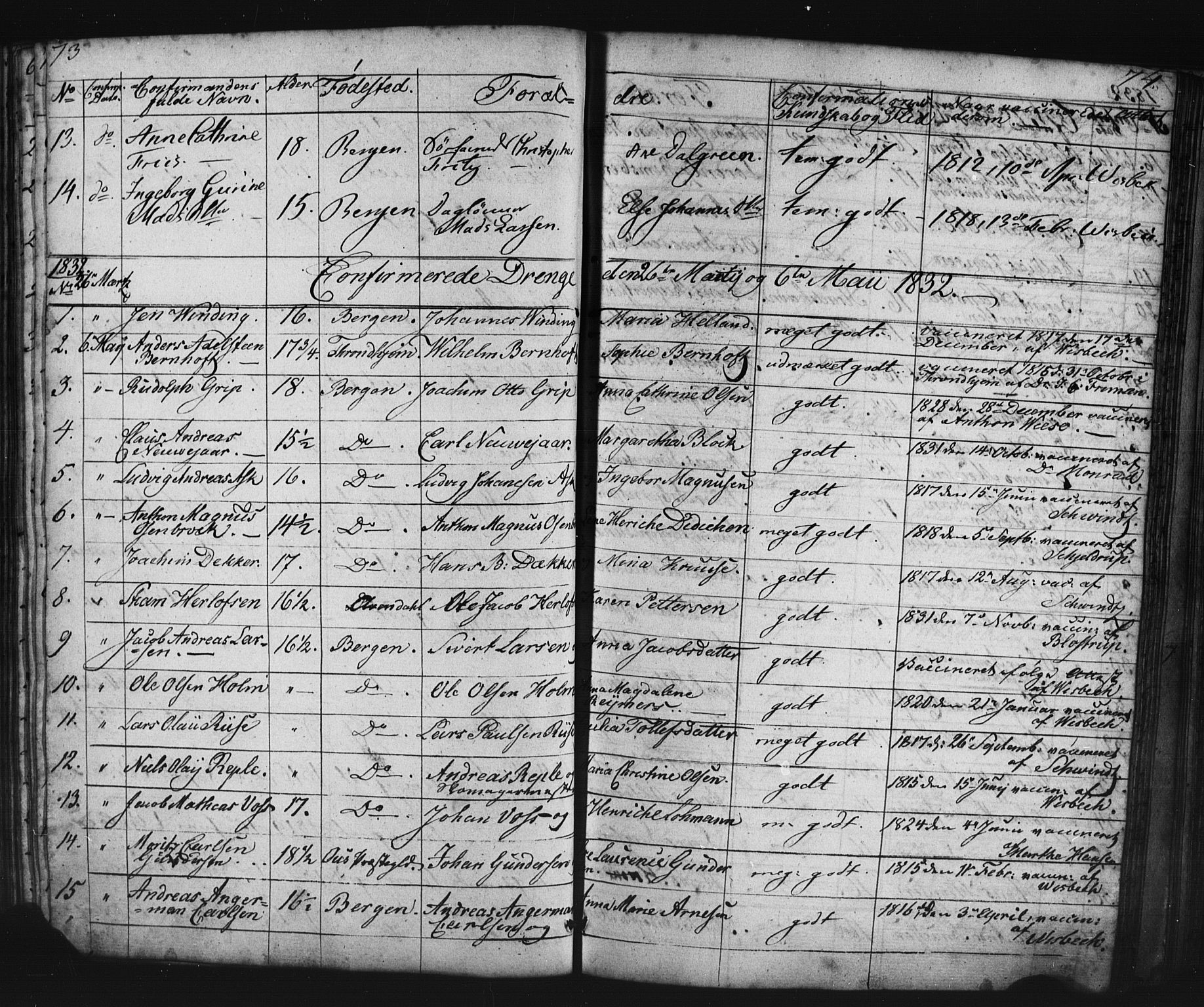 Domkirken sokneprestembete, SAB/A-74801/H/Haa/L0063: Curate's parish register no. A 1, 1821-1848, p. 73-74