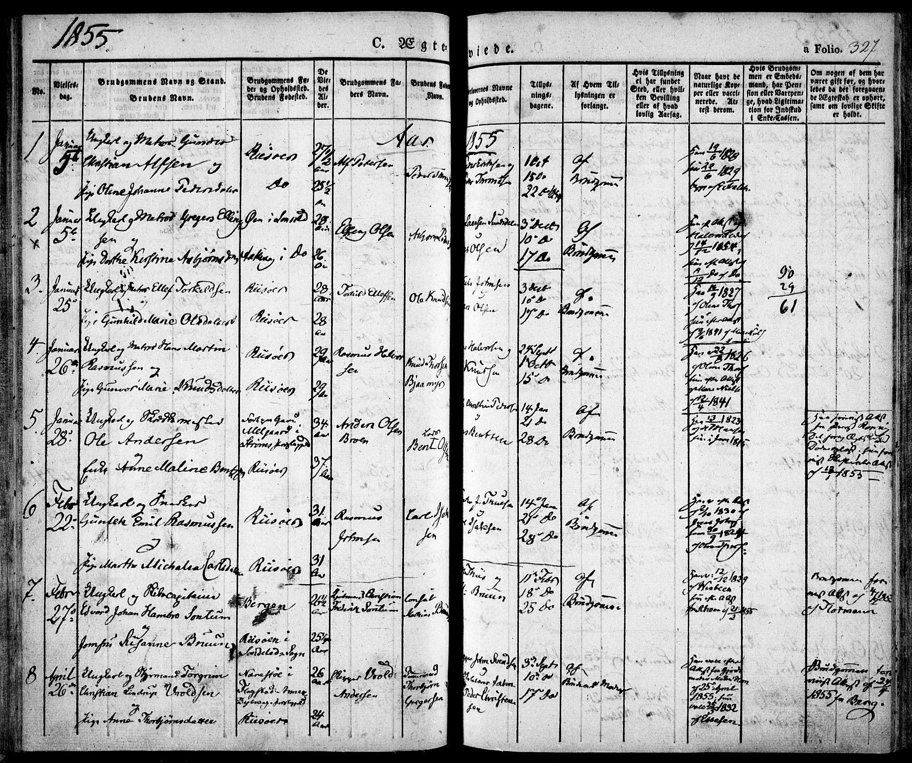 Risør sokneprestkontor, SAK/1111-0035/F/Fa/L0003: Parish register (official) no. A 3, 1838-1864, p. 327