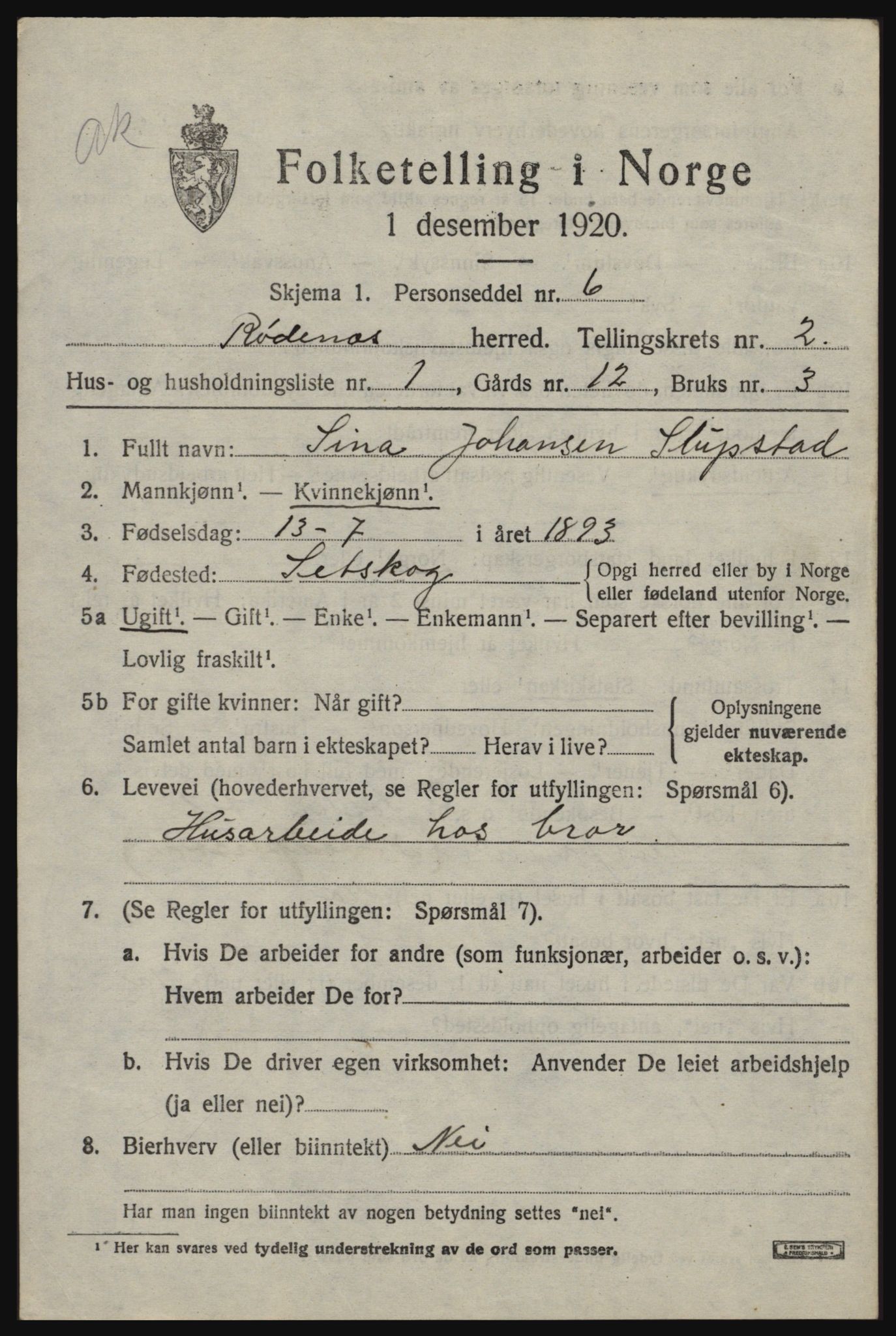 SAO, 1920 census for Rødenes, 1920, p. 1106