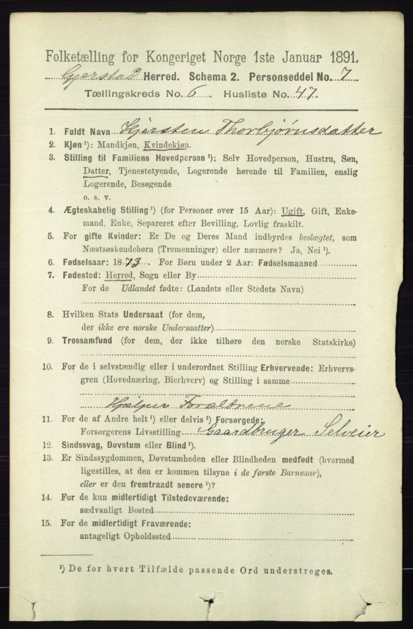 RA, 1891 census for 0911 Gjerstad, 1891, p. 2662