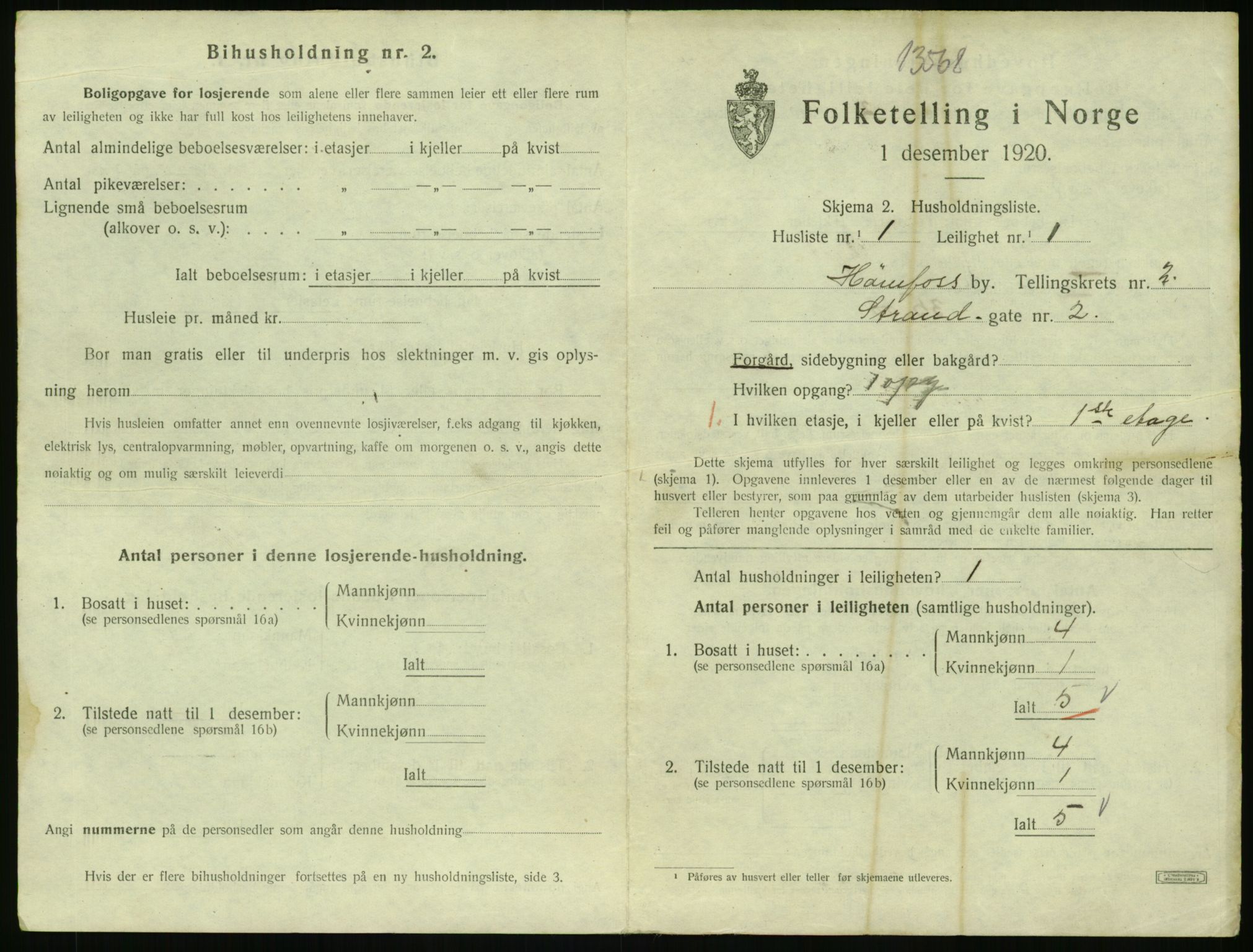 SAKO, 1920 census for Hønefoss, 1920, p. 1152