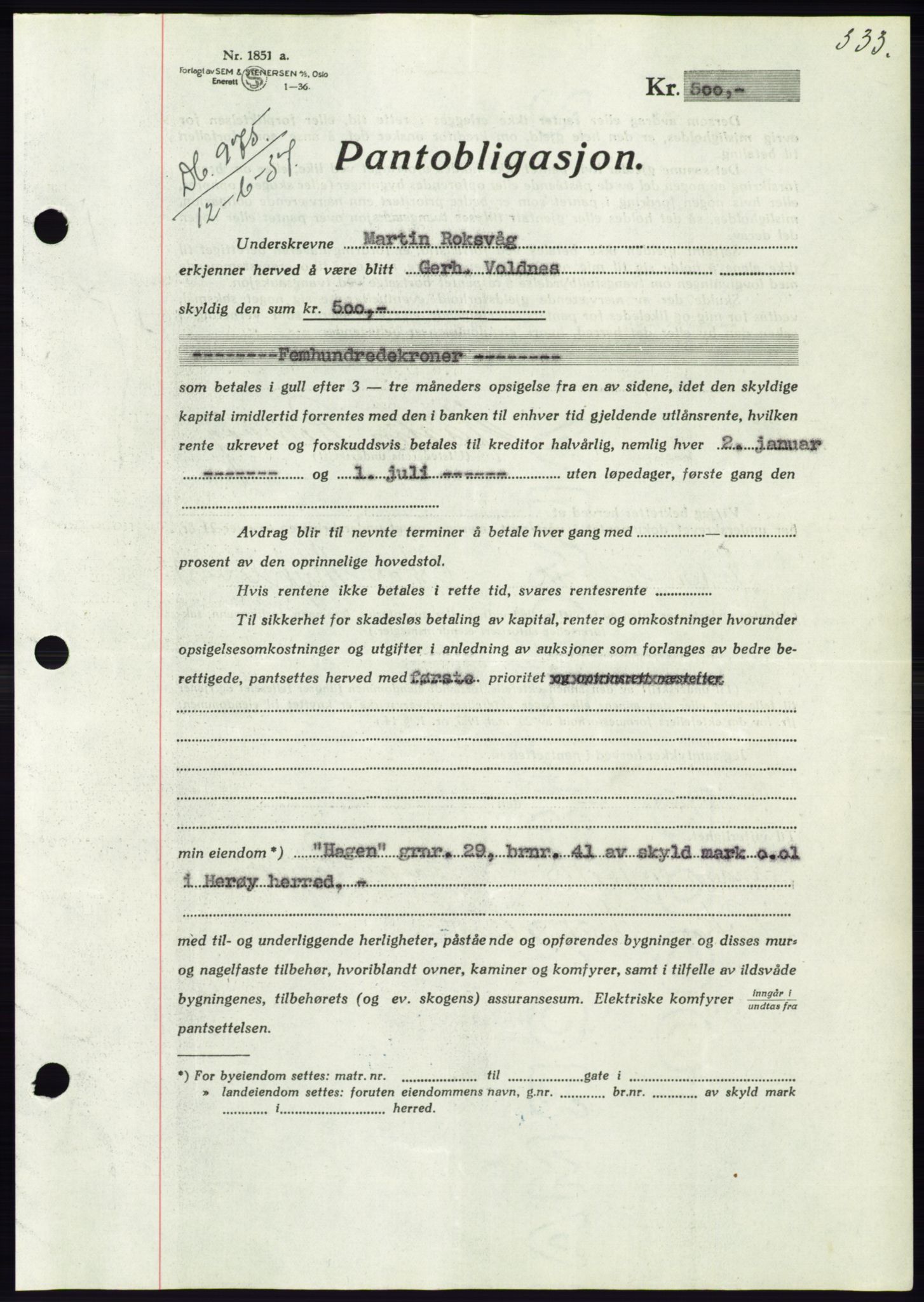 Søre Sunnmøre sorenskriveri, AV/SAT-A-4122/1/2/2C/L0063: Mortgage book no. 57, 1937-1937, Diary no: : 975/1937