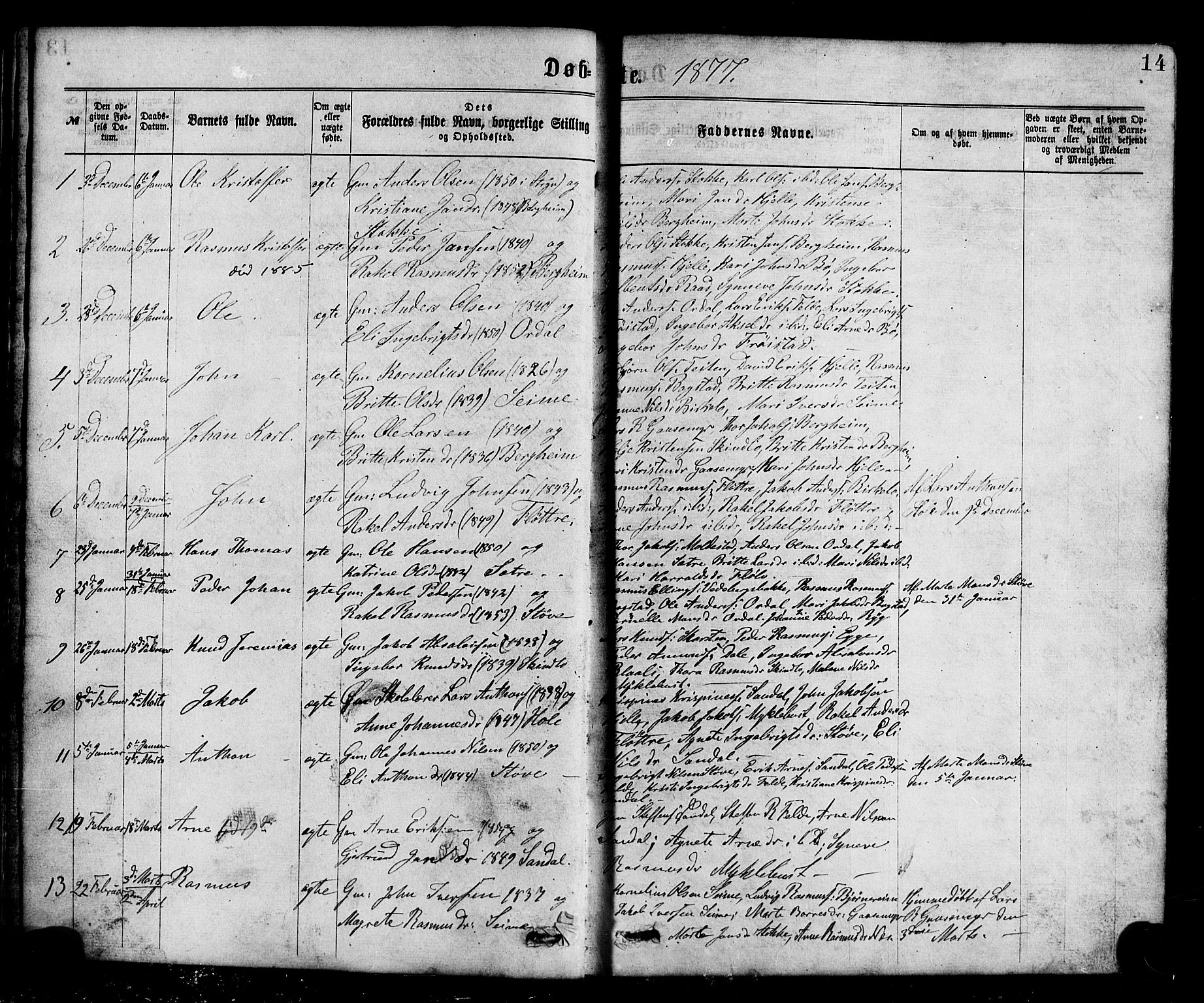 Gloppen sokneprestembete, AV/SAB-A-80101/H/Hab/Habc/L0001: Parish register (copy) no. C 1, 1872-1896, p. 14