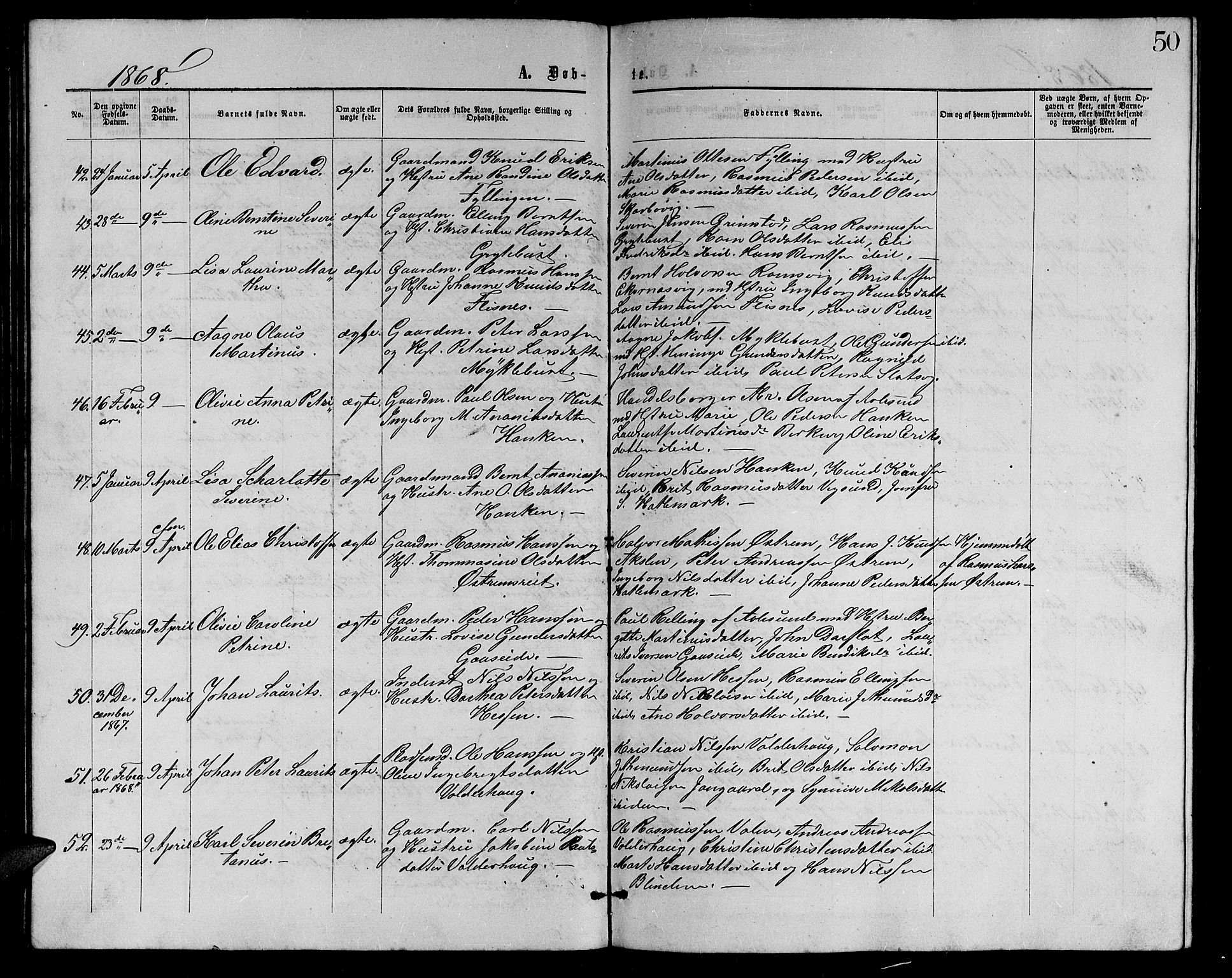 Ministerialprotokoller, klokkerbøker og fødselsregistre - Møre og Romsdal, AV/SAT-A-1454/528/L0428: Parish register (copy) no. 528C09, 1864-1880, p. 50