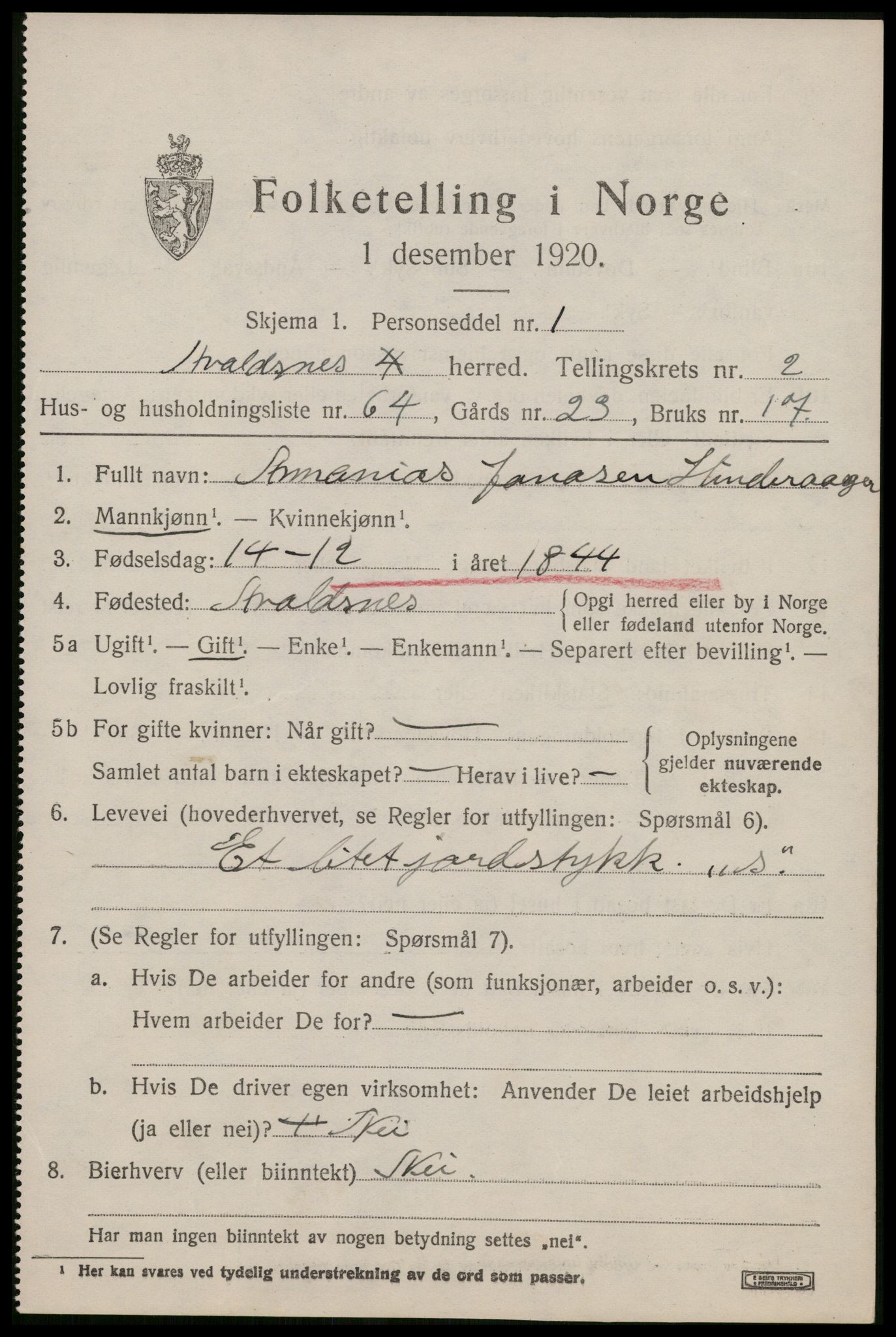 SAST, 1920 census for Avaldsnes, 1920, p. 2631