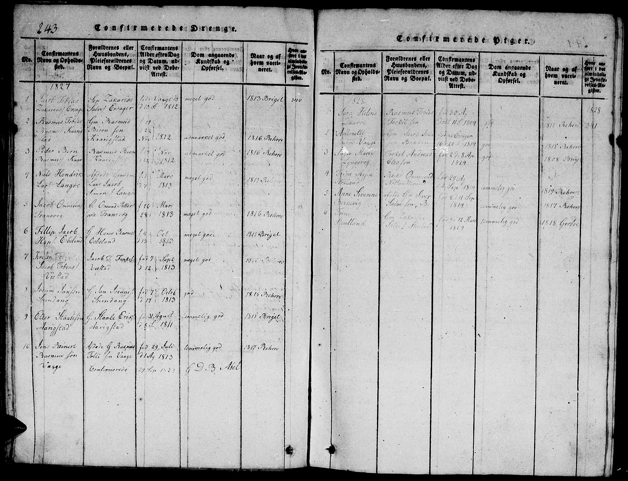 Herad sokneprestkontor, AV/SAK-1111-0018/F/Fb/Fbb/L0001: Parish register (copy) no. B 1, 1815-1852, p. 243