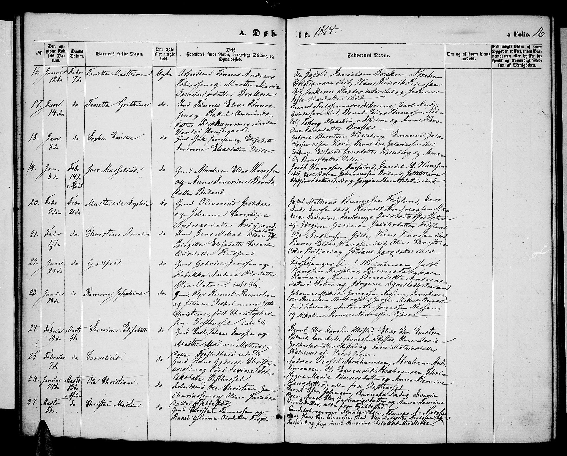 Lista sokneprestkontor, AV/SAK-1111-0027/F/Fb/L0003: Parish register (copy) no. B 3, 1862-1877, p. 16