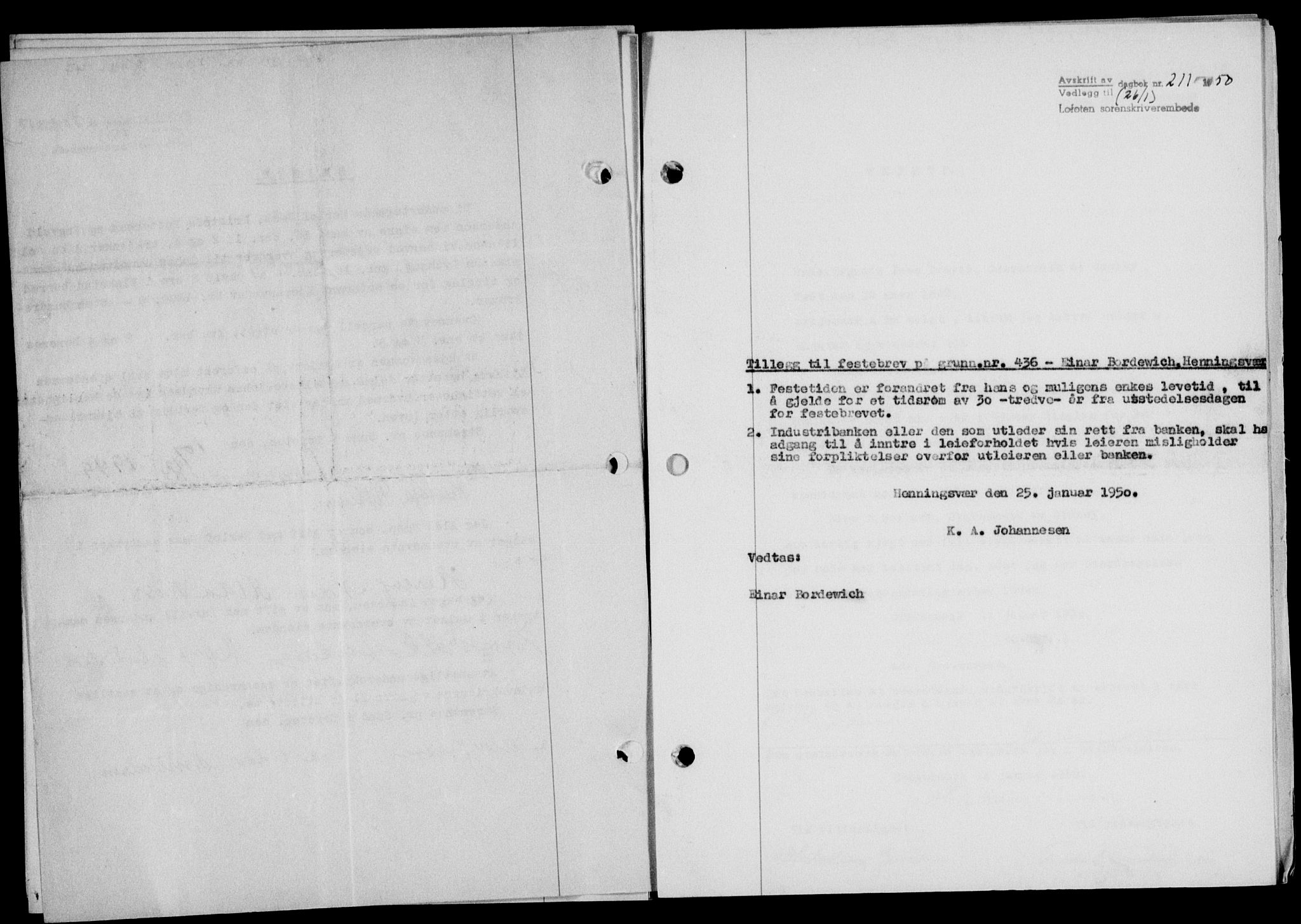Lofoten sorenskriveri, SAT/A-0017/1/2/2C/L0022a: Mortgage book no. 22a, 1949-1950, Diary no: : 211/1950