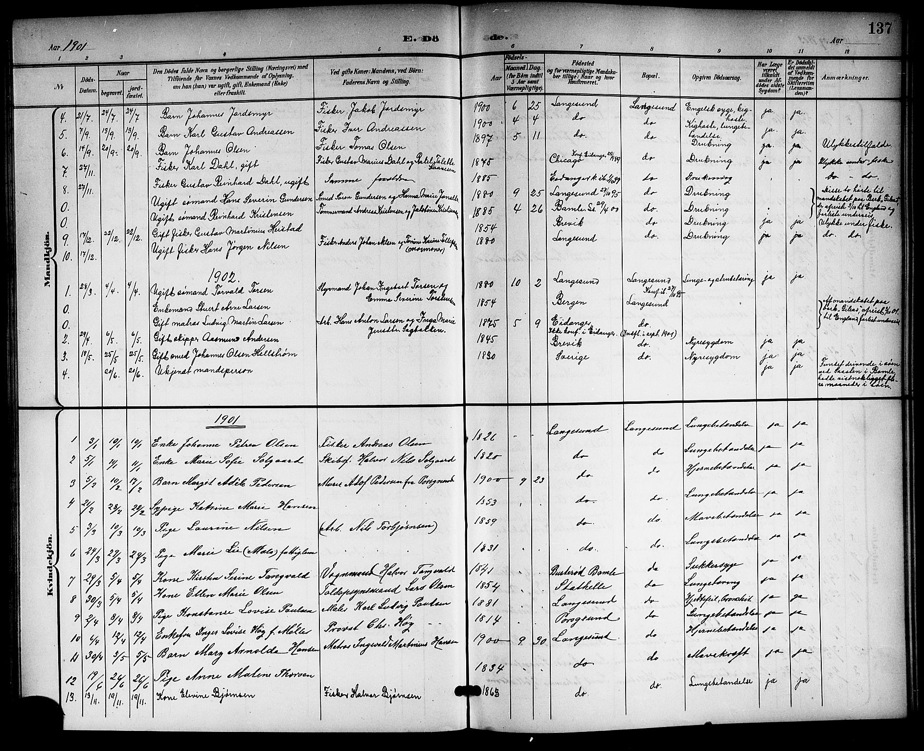 Langesund kirkebøker, SAKO/A-280/G/Ga/L0006: Parish register (copy) no. 6, 1899-1918, p. 137