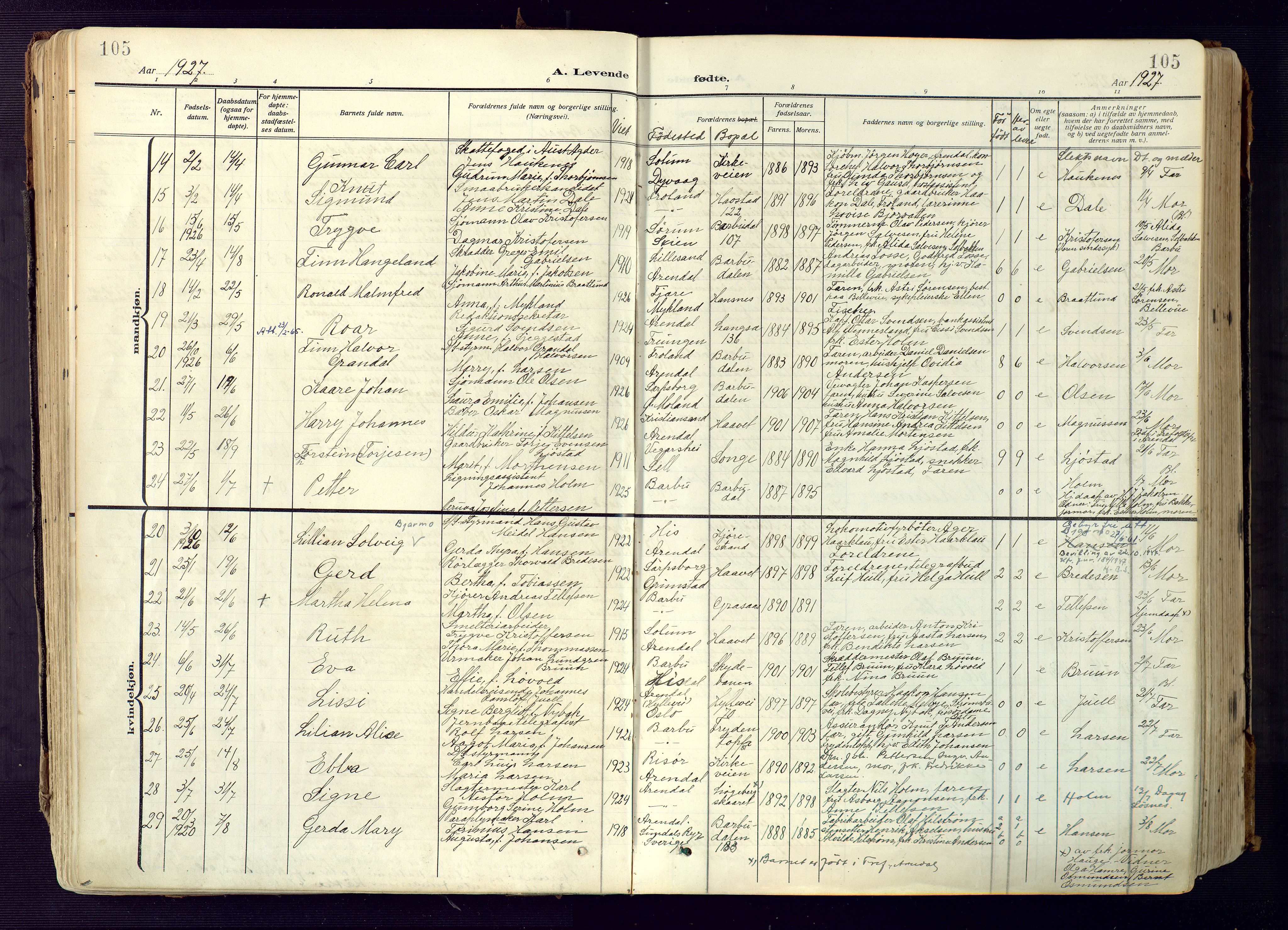 Barbu sokneprestkontor, AV/SAK-1111-0003/F/Fa/L0006: Parish register (official) no. A 6, 1910-1929, p. 105