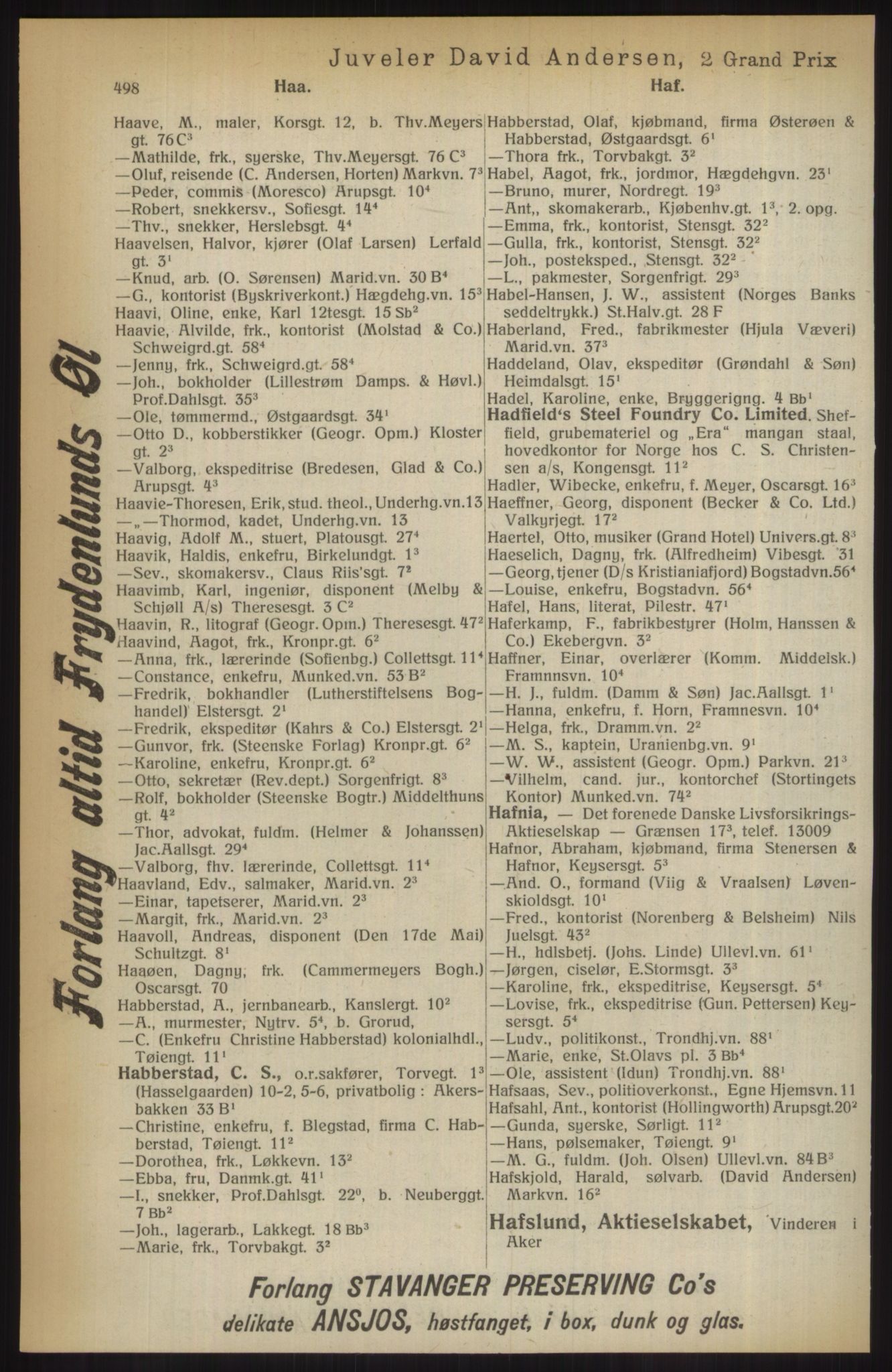 Kristiania/Oslo adressebok, PUBL/-, 1914, p. 498