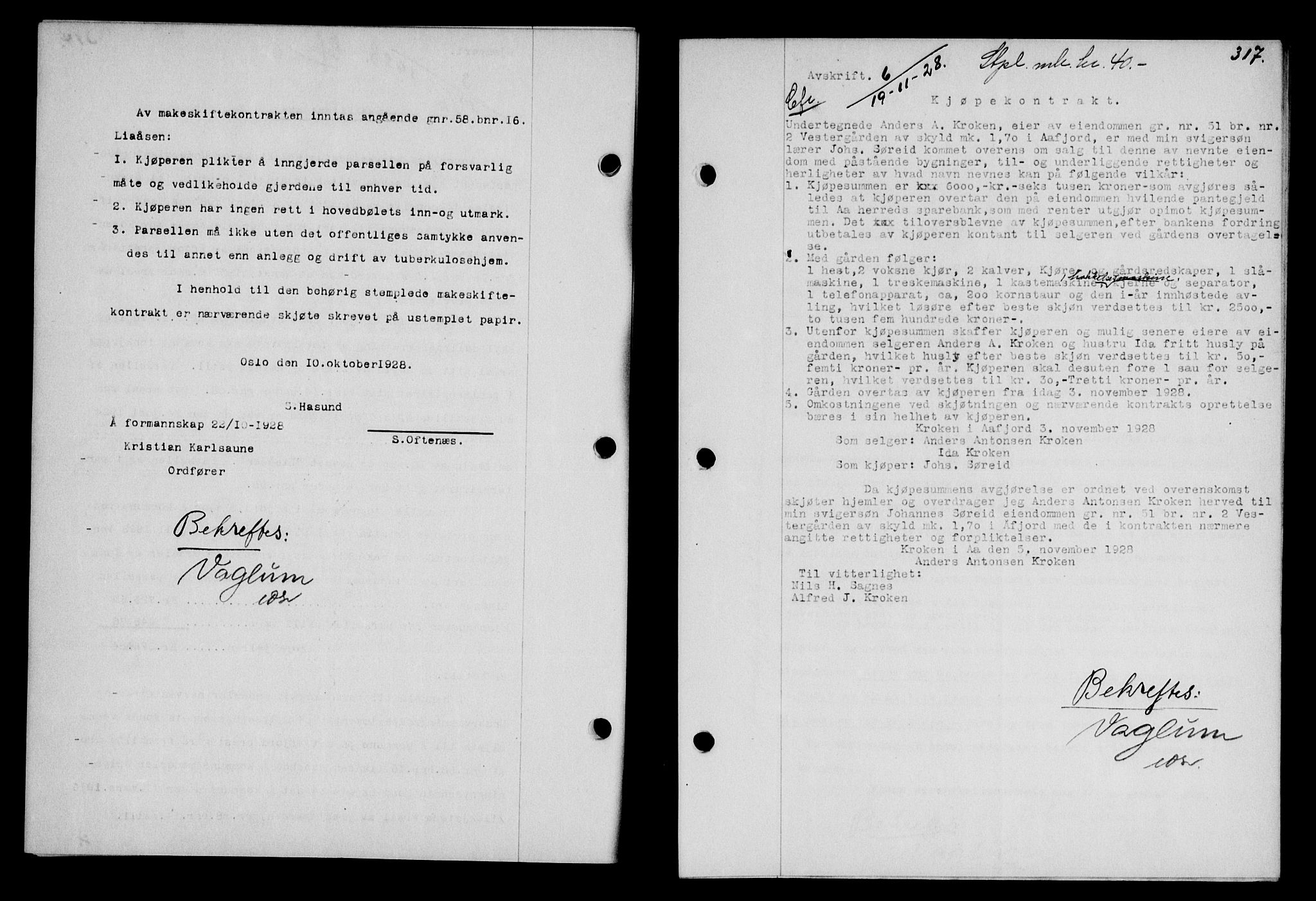 Fosen sorenskriveri, AV/SAT-A-1107/1/2/2C/L0067: Mortgage book no. 58, 1928-1929, p. 317, Deed date: 19.11.1928