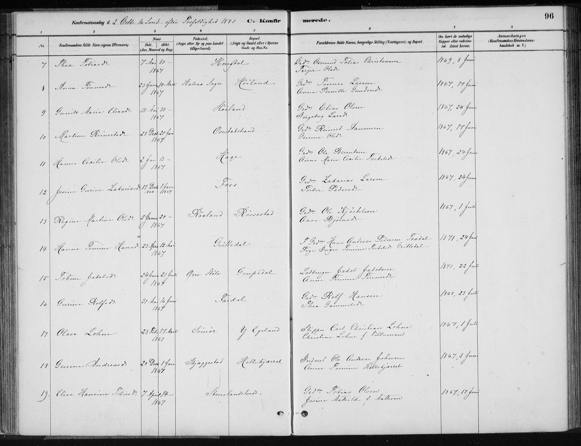 Sør-Audnedal sokneprestkontor, AV/SAK-1111-0039/F/Fa/Fab/L0009: Parish register (official) no. A 9, 1880-1895, p. 96