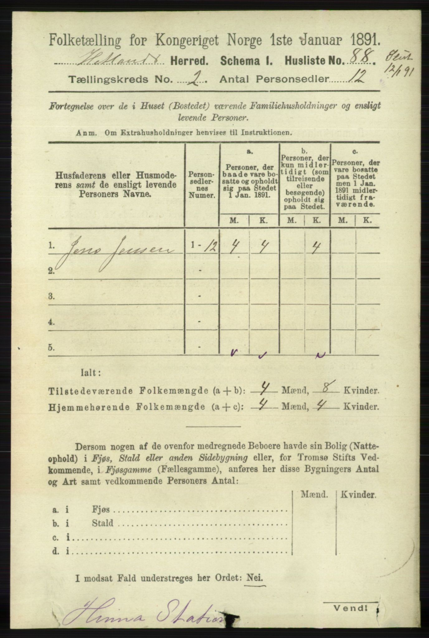 RA, 1891 census for 1126 Hetland, 1891, p. 468