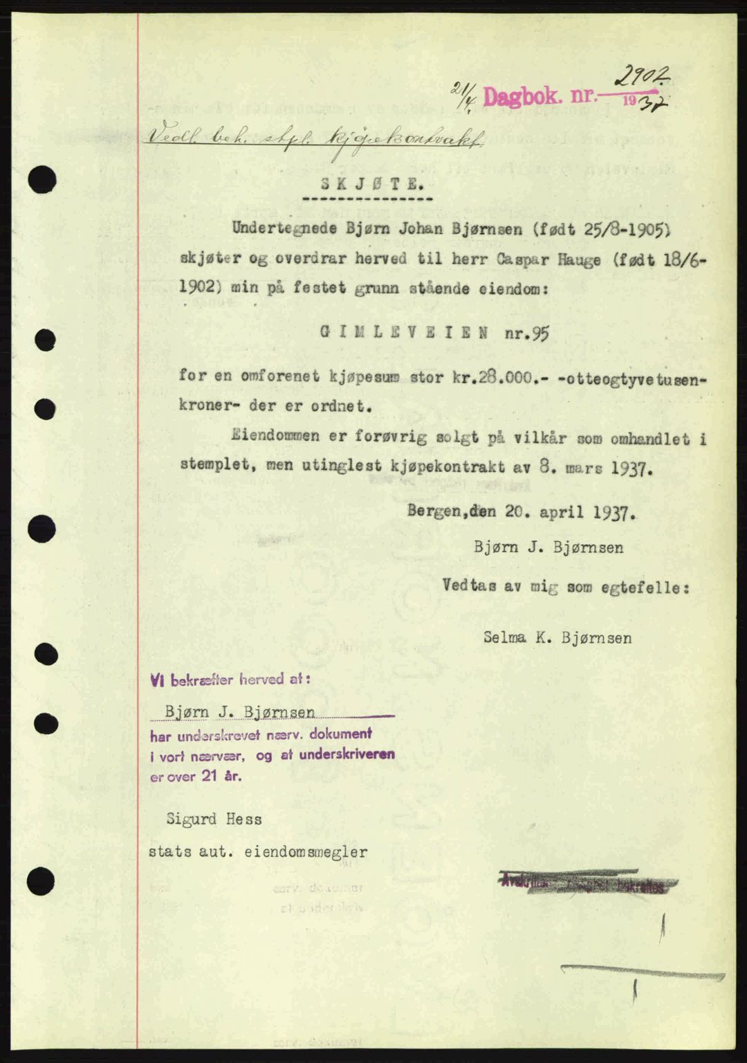 Byfogd og Byskriver i Bergen, SAB/A-3401/03/03Bc/L0004: Mortgage book no. A3-4, 1936-1937, Diary no: : 2907/1937