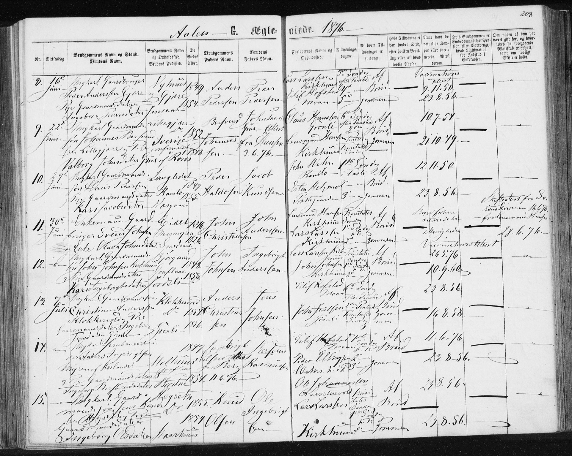 Ministerialprotokoller, klokkerbøker og fødselsregistre - Sør-Trøndelag, SAT/A-1456/685/L0971: Parish register (official) no. 685A08 /3, 1870-1879, p. 208