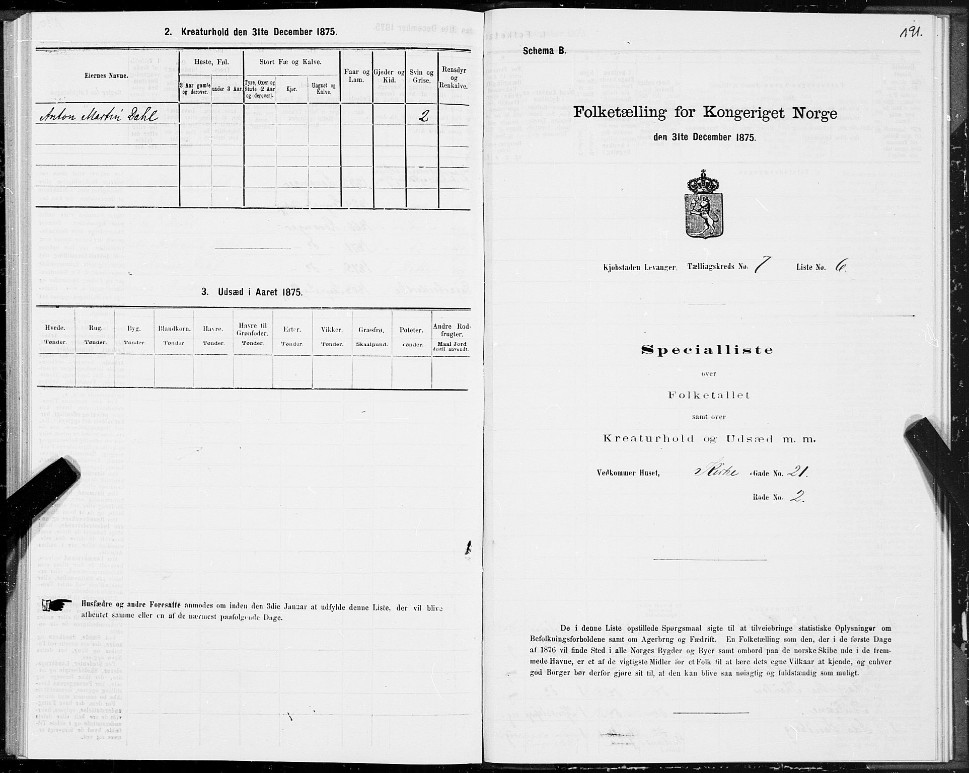 SAT, 1875 census for 1701B Levanger/Levanger, 1875, p. 191