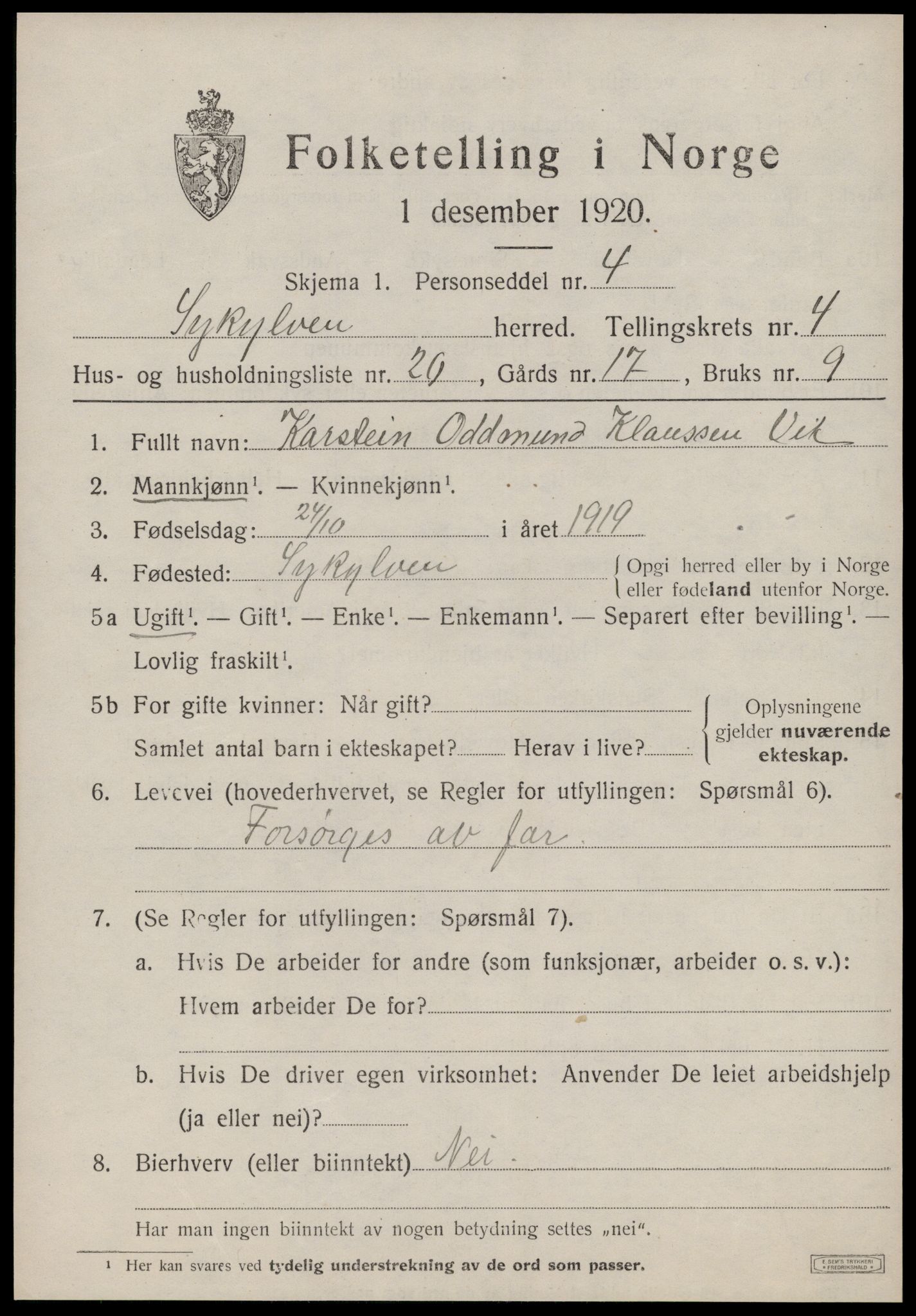 SAT, 1920 census for Sykkylven, 1920, p. 3043