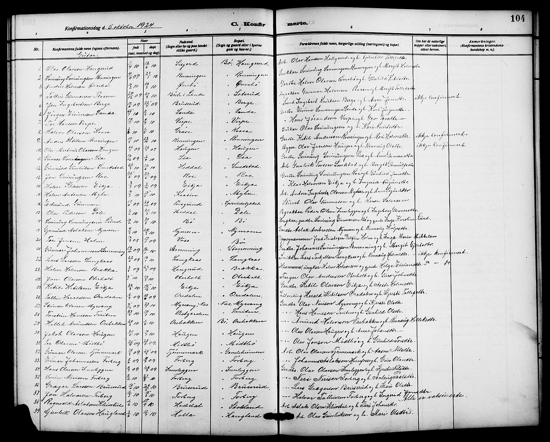 Bø kirkebøker, SAKO/A-257/G/Ga/L0007: Parish register (copy) no. 7, 1909-1924, p. 104