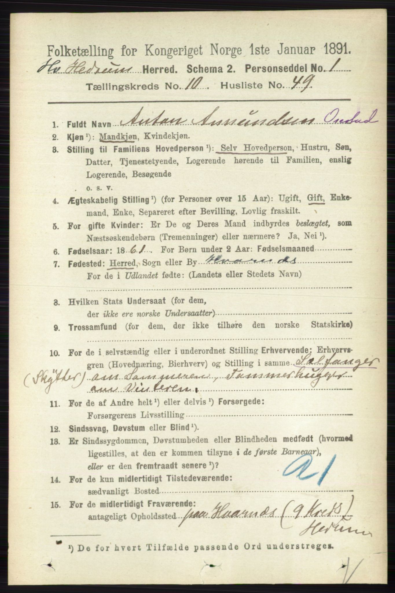 RA, 1891 census for 0727 Hedrum, 1891, p. 4729