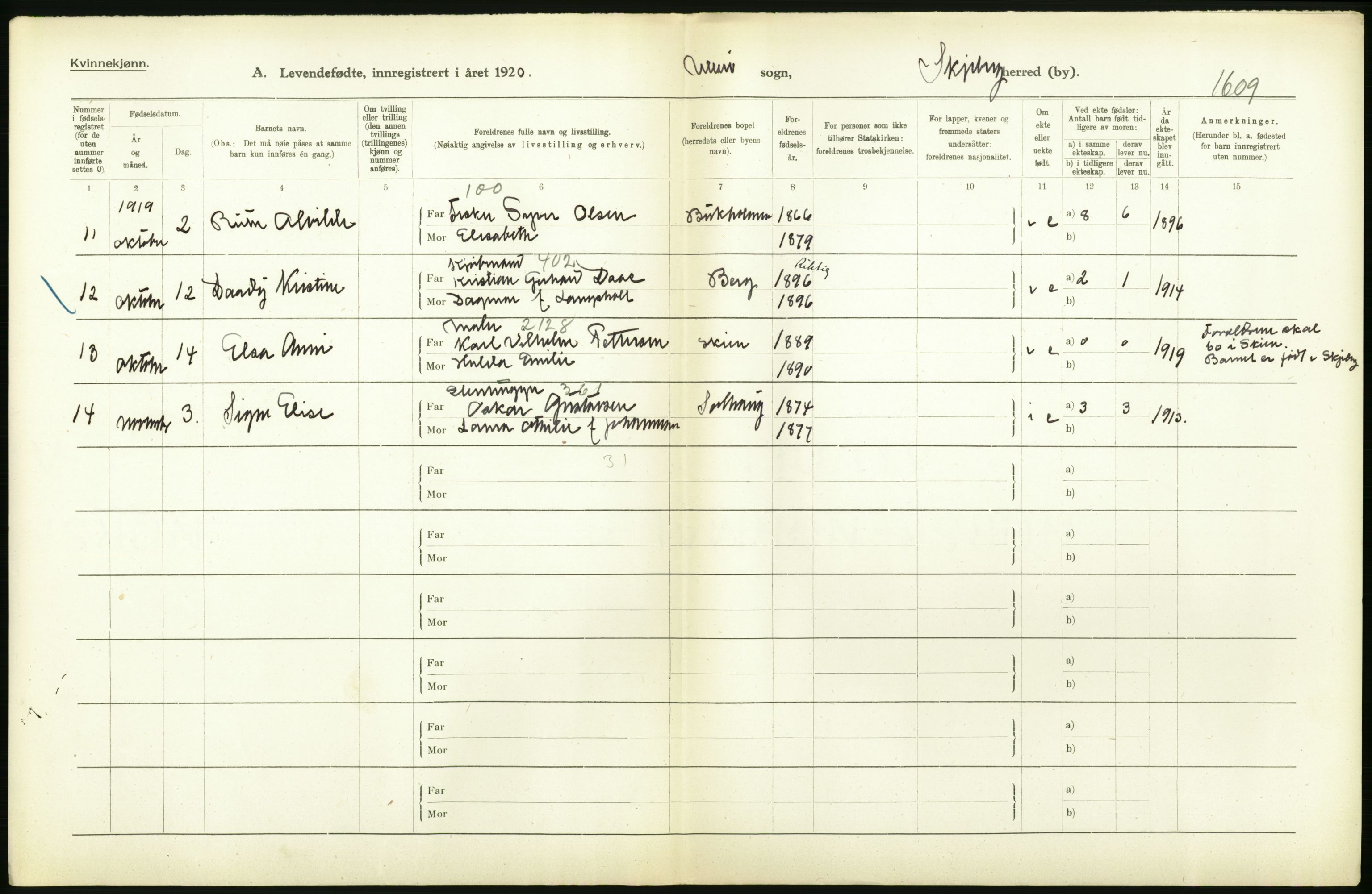 Statistisk sentralbyrå, Sosiodemografiske emner, Befolkning, RA/S-2228/D/Df/Dfb/Dfbi/L0001: Østfold fylke: Levendefødte menn og kvinner. Bygder., 1919, p. 90