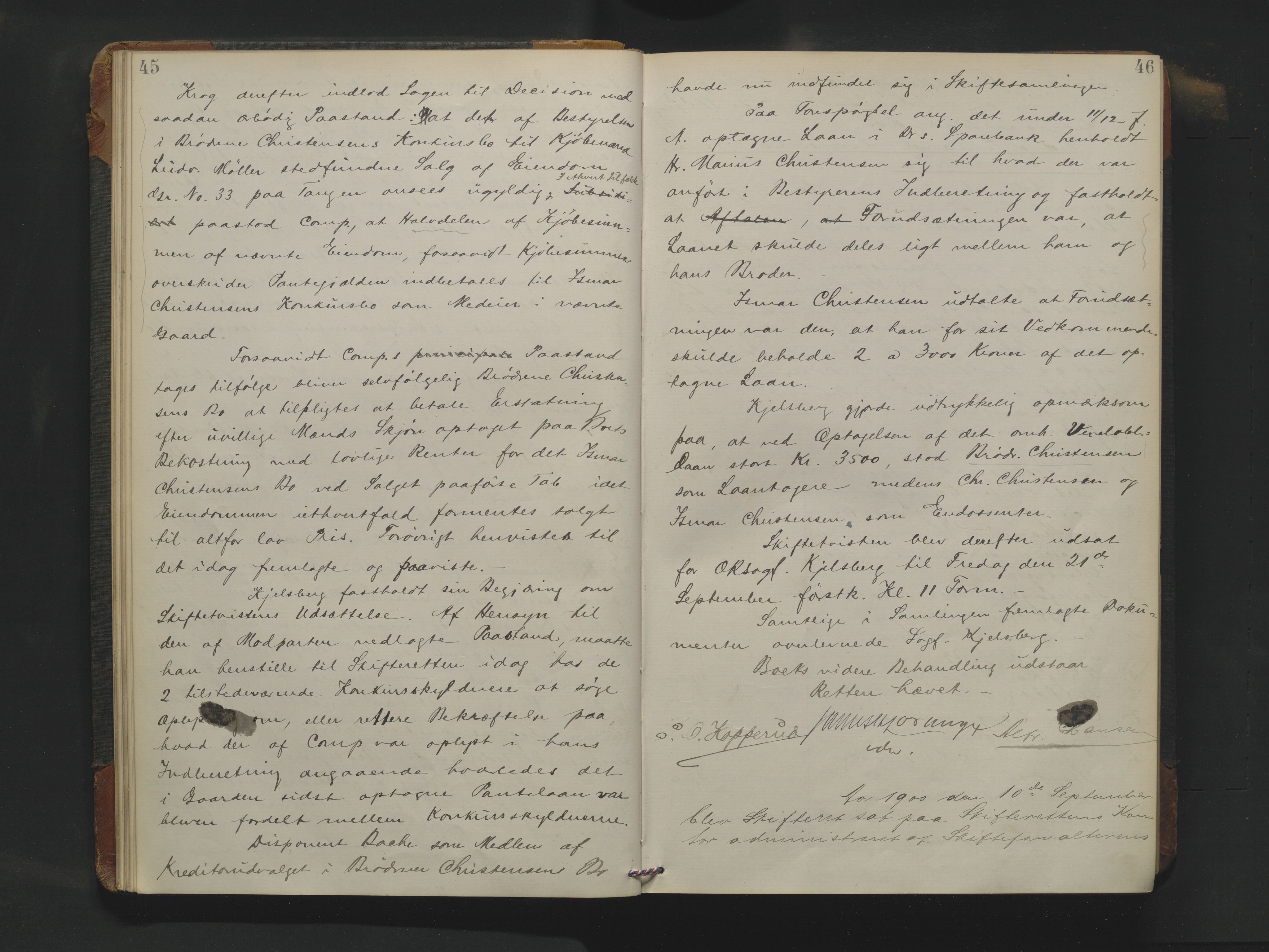 Drammen byfogd, AV/SAKO-A-222/H/Hb/Hbc/L0019: Skifteforhandlingsprotokoll. - Drammen., 1900-1902, p. 45-46