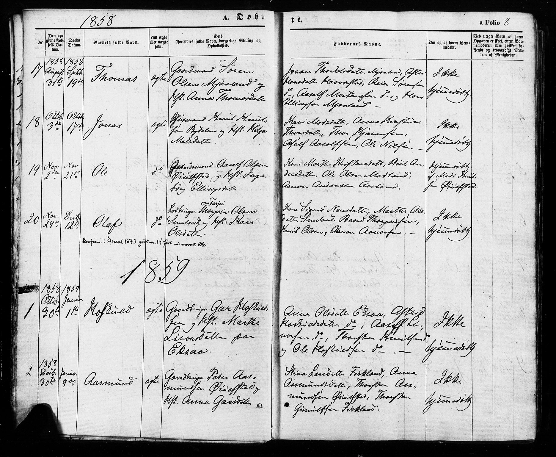 Åseral sokneprestkontor, SAK/1111-0051/F/Fa/L0002: Parish register (official) no. A 2, 1854-1884, p. 8