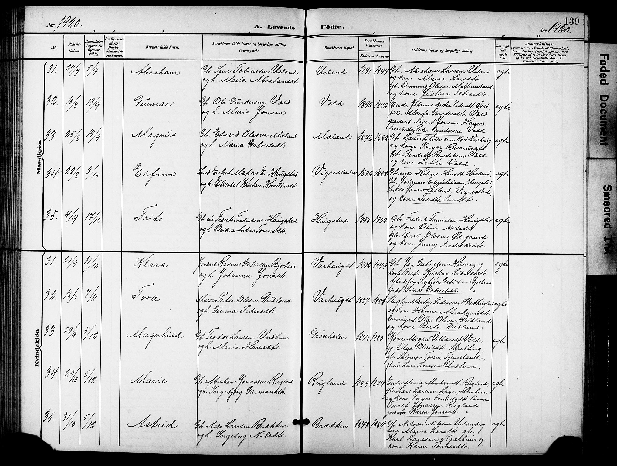 Hå sokneprestkontor, AV/SAST-A-101801/001/30BB/L0006: Parish register (copy) no. B 6, 1900-1924, p. 139