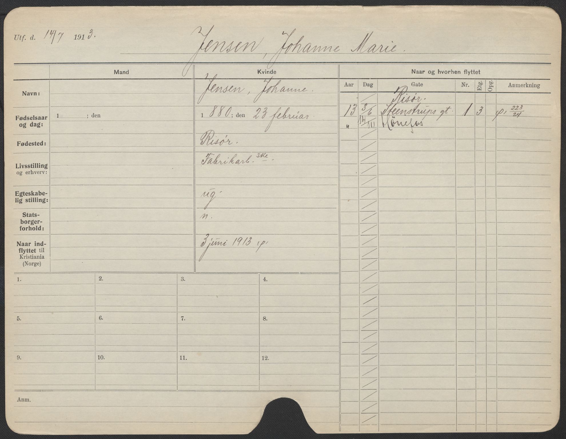 Oslo folkeregister, Registerkort, AV/SAO-A-11715/F/Fa/Fac/L0017: Kvinner, 1906-1914, p. 450a