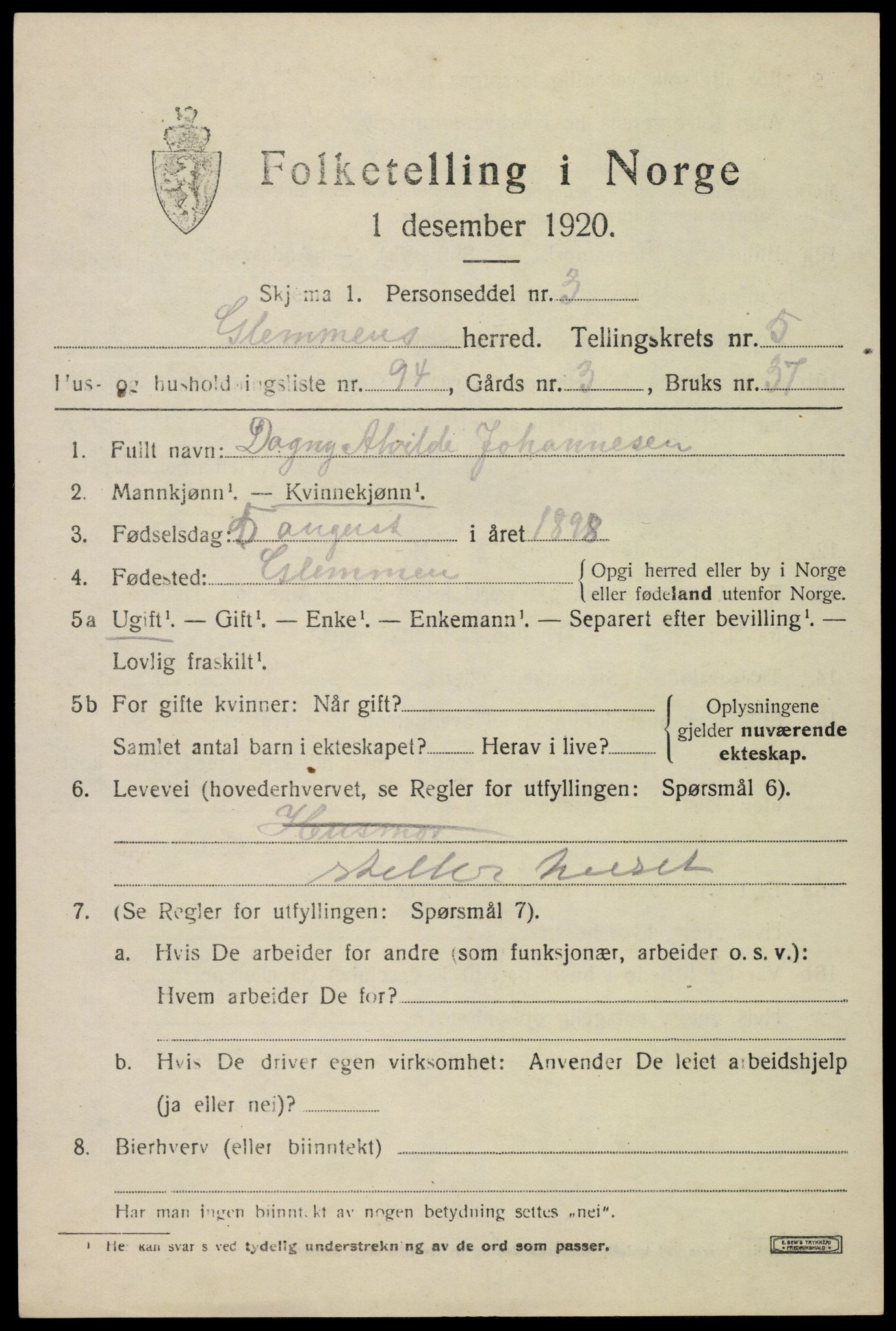 SAO, 1920 census for Glemmen, 1920, p. 18029