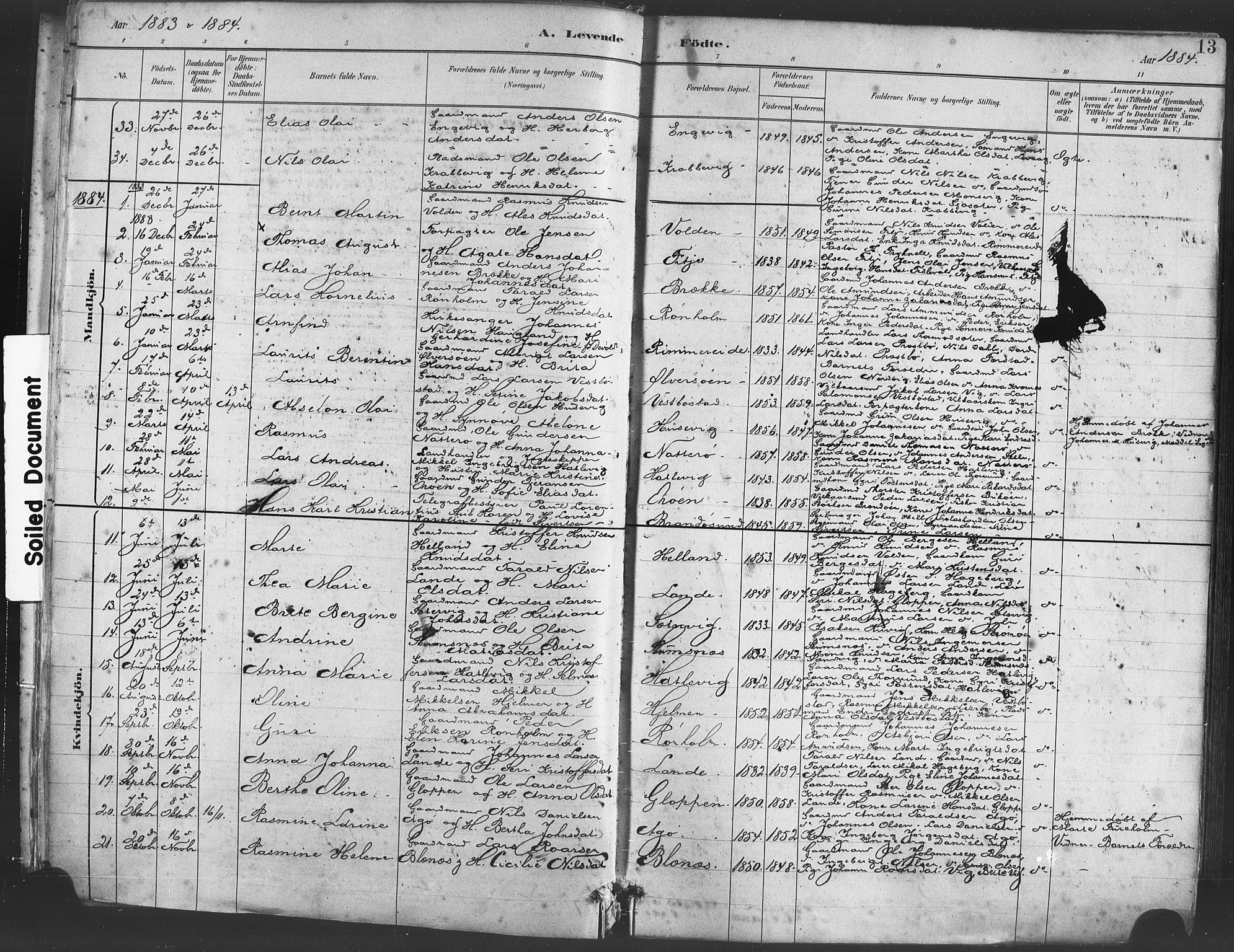 Fitjar sokneprestembete, AV/SAB-A-99926: Parish register (official) no. A 2, 1882-1899, p. 13