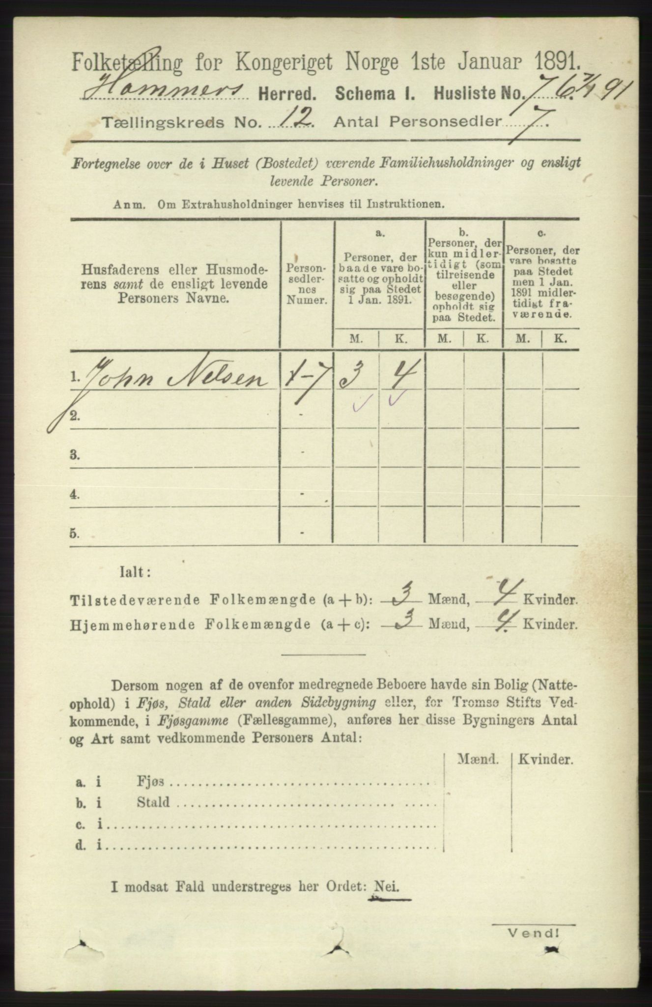 RA, 1891 census for 1254 Hamre, 1891, p. 3484