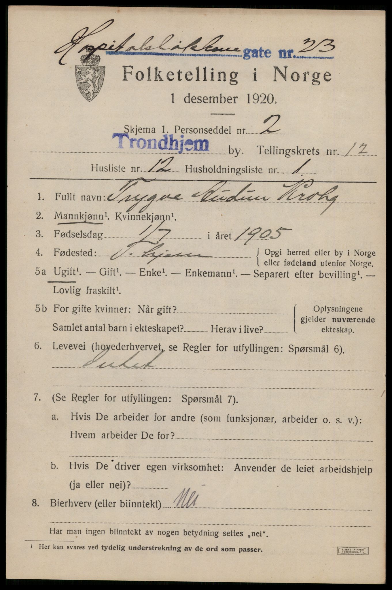 SAT, 1920 census for Trondheim, 1920, p. 48036