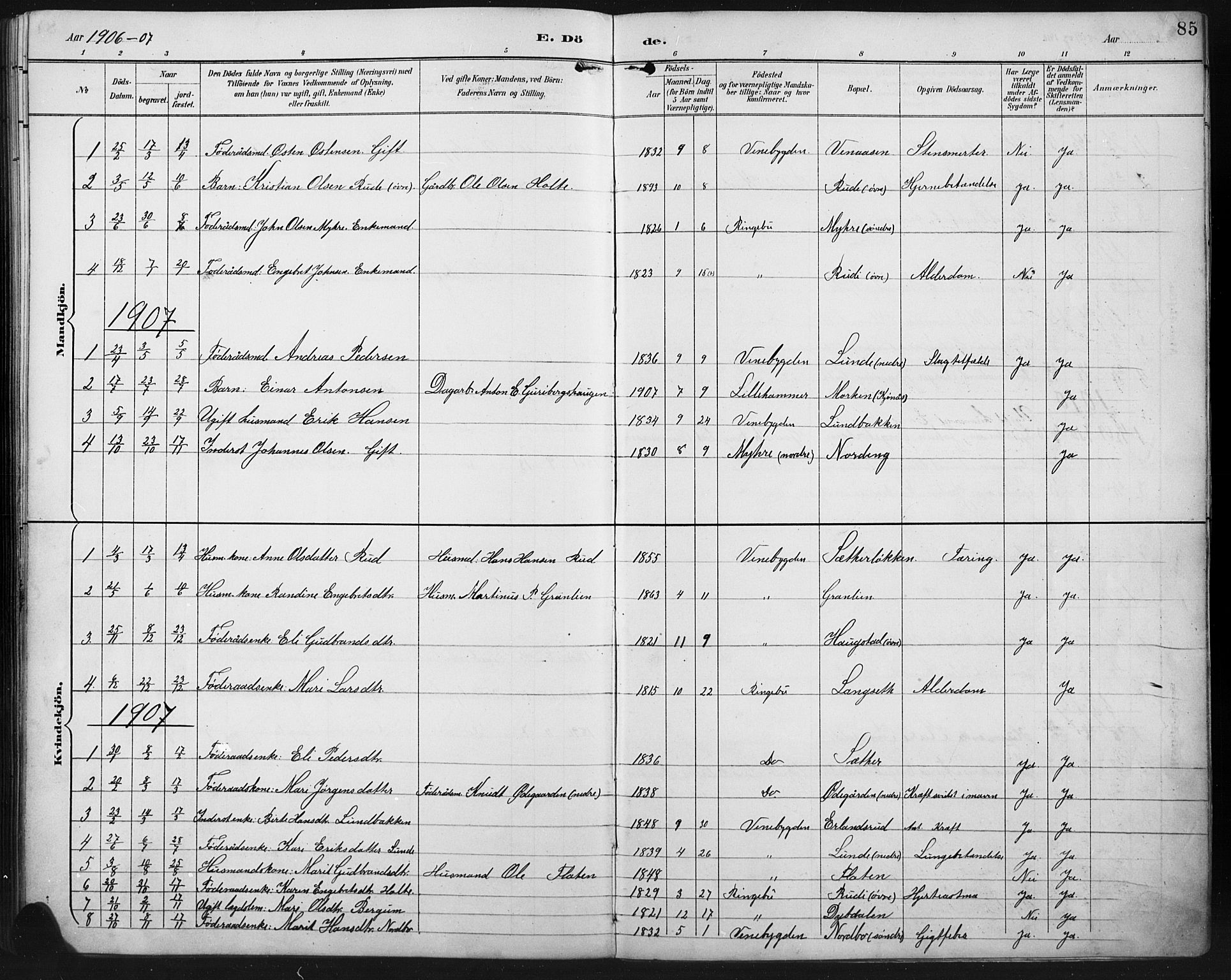 Ringebu prestekontor, SAH/PREST-082/H/Ha/Hab/L0008: Parish register (copy) no. 8, 1890-1922, p. 85