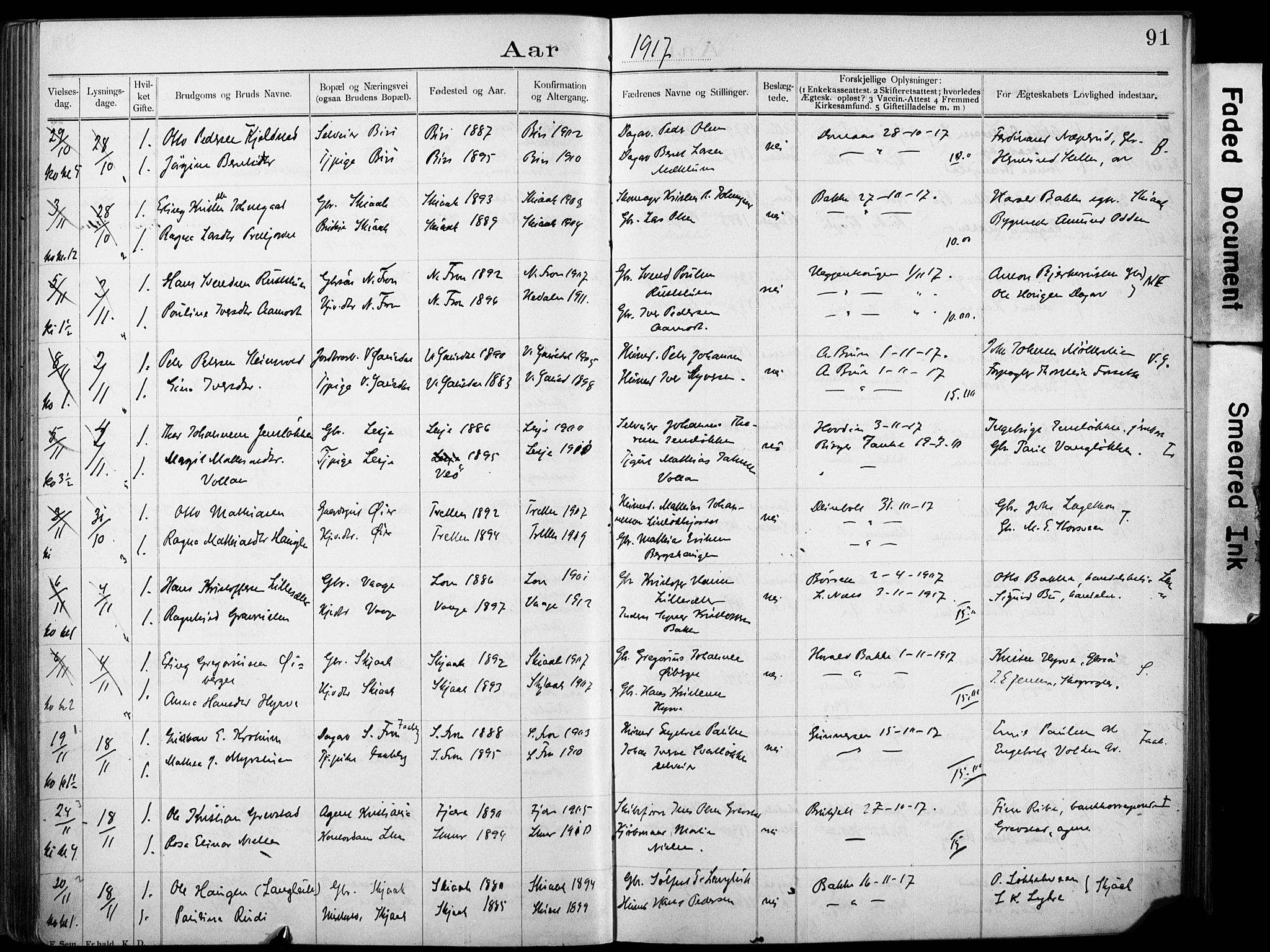 Lillehammer prestekontor, AV/SAH-PREST-088/I/Ie: Banns register no. 1, 1903-1932, p. 91