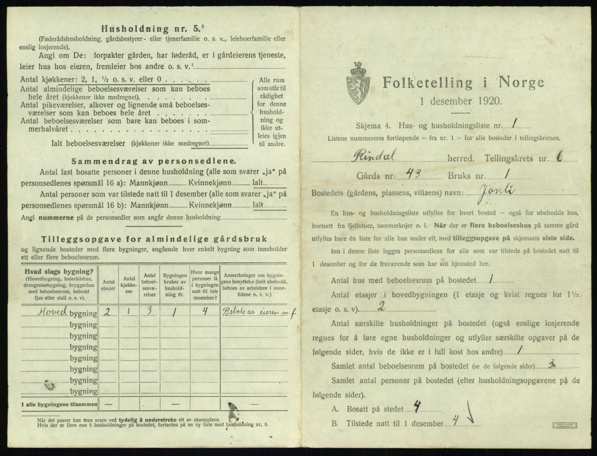 SAT, 1920 census for Rindal, 1920, p. 432