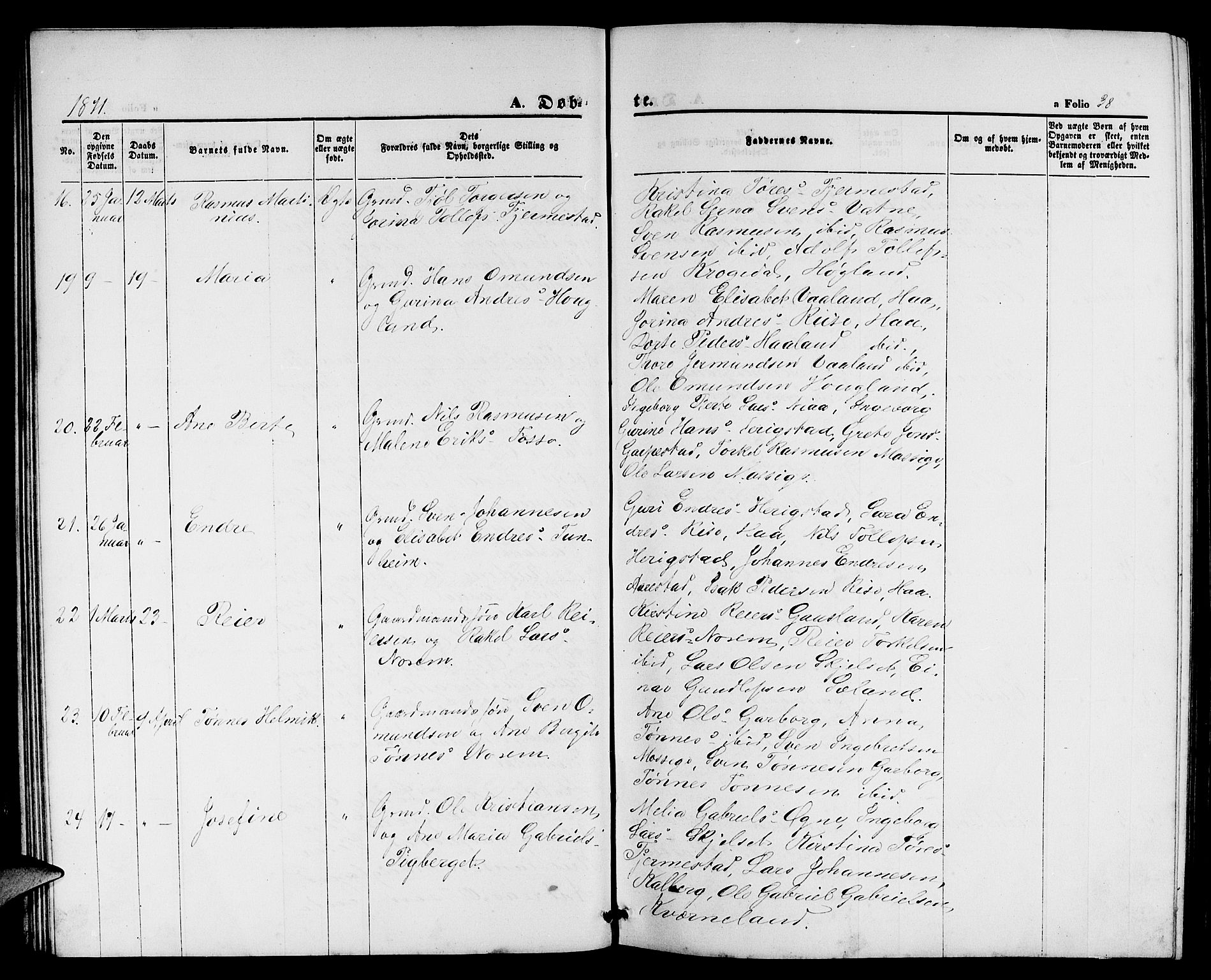 Lye sokneprestkontor, AV/SAST-A-101794/001/30BB/L0004: Parish register (copy) no. B 4, 1868-1878, p. 38