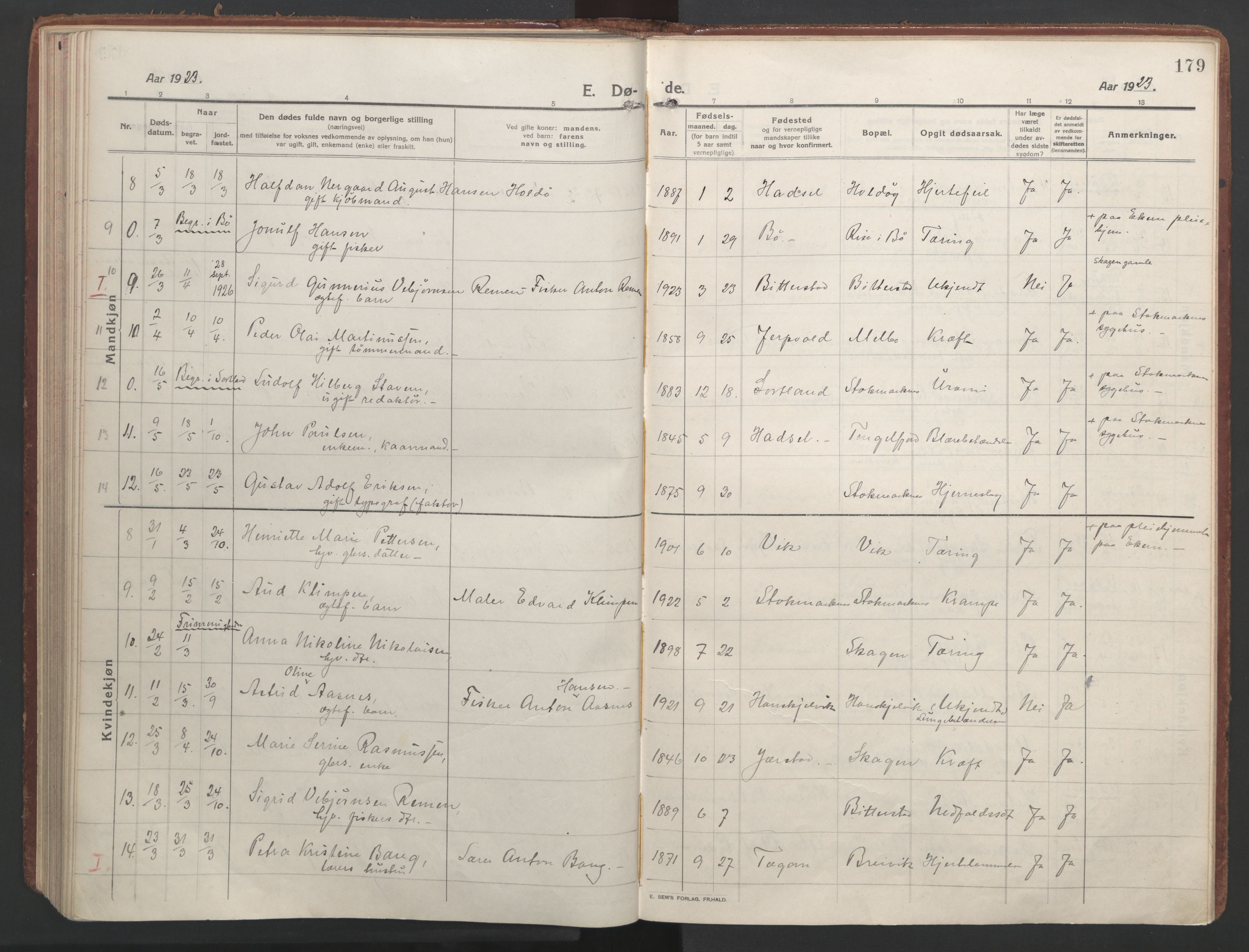 Ministerialprotokoller, klokkerbøker og fødselsregistre - Nordland, AV/SAT-A-1459/888/L1251: Parish register (official) no. 888A17, 1913-1925, p. 179