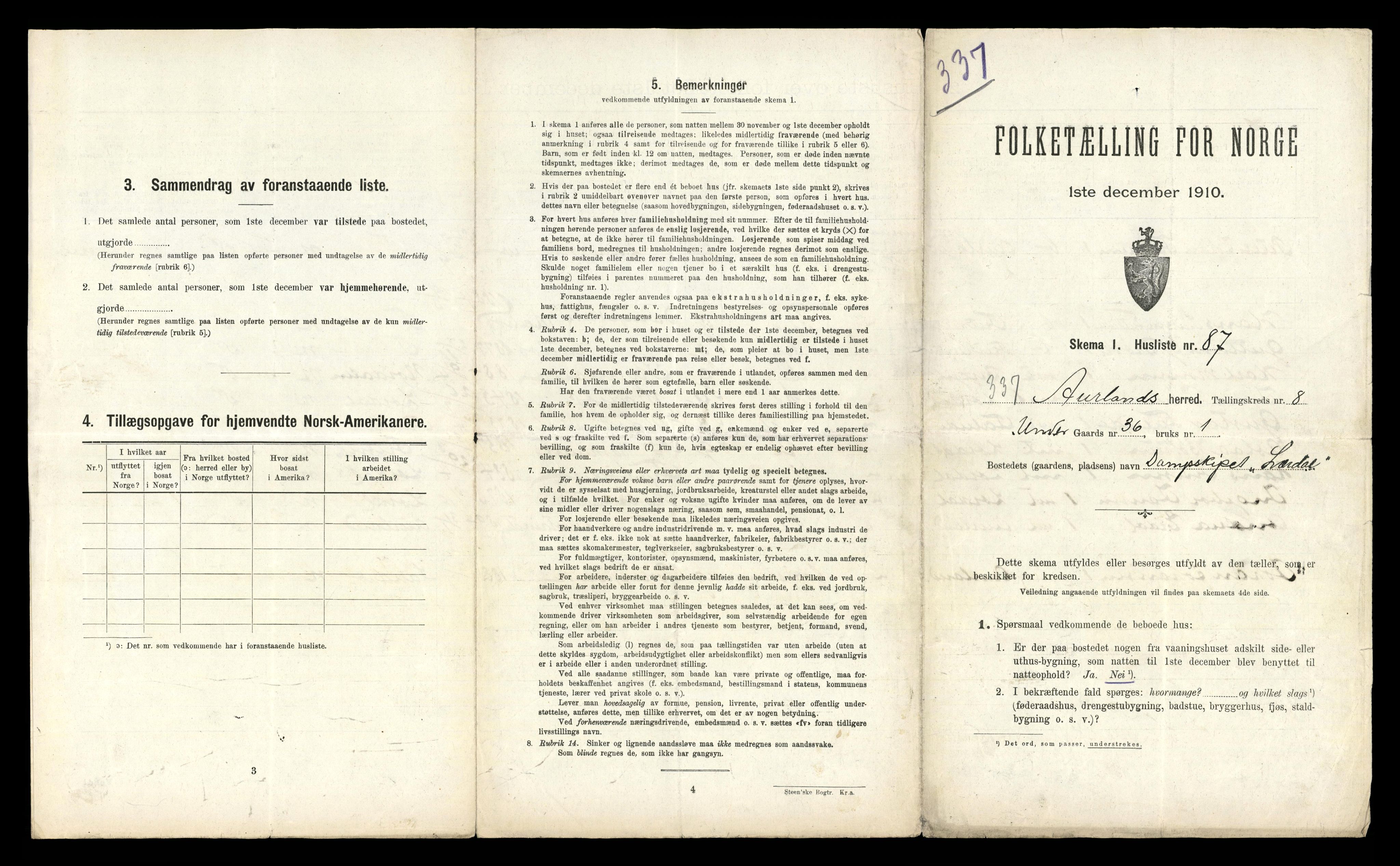 RA, 1910 census for Aurland, 1910, p. 875