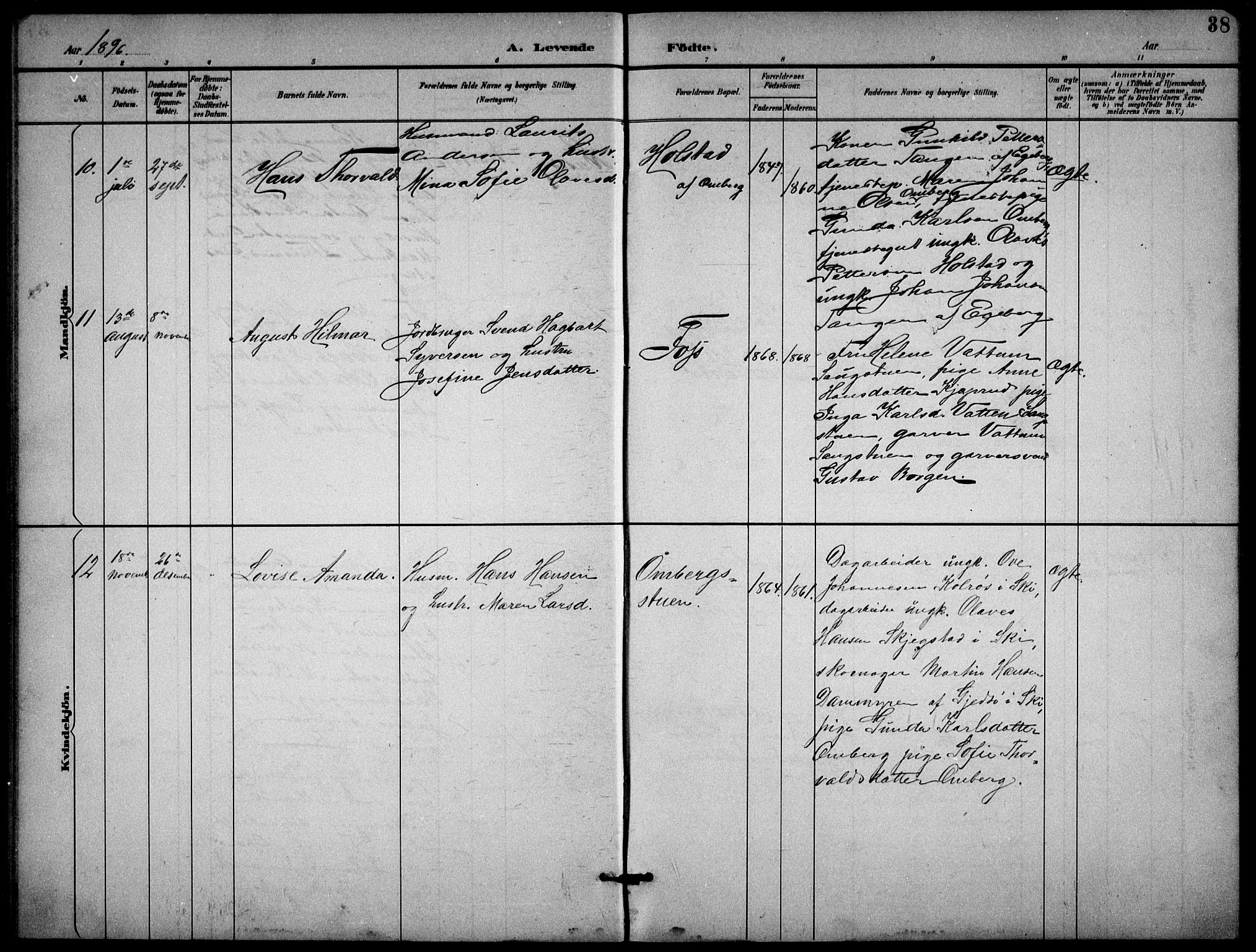 Enebakk prestekontor Kirkebøker, AV/SAO-A-10171c/G/Gb/L0002: Parish register (copy) no. II 2, 1891-1903, p. 38