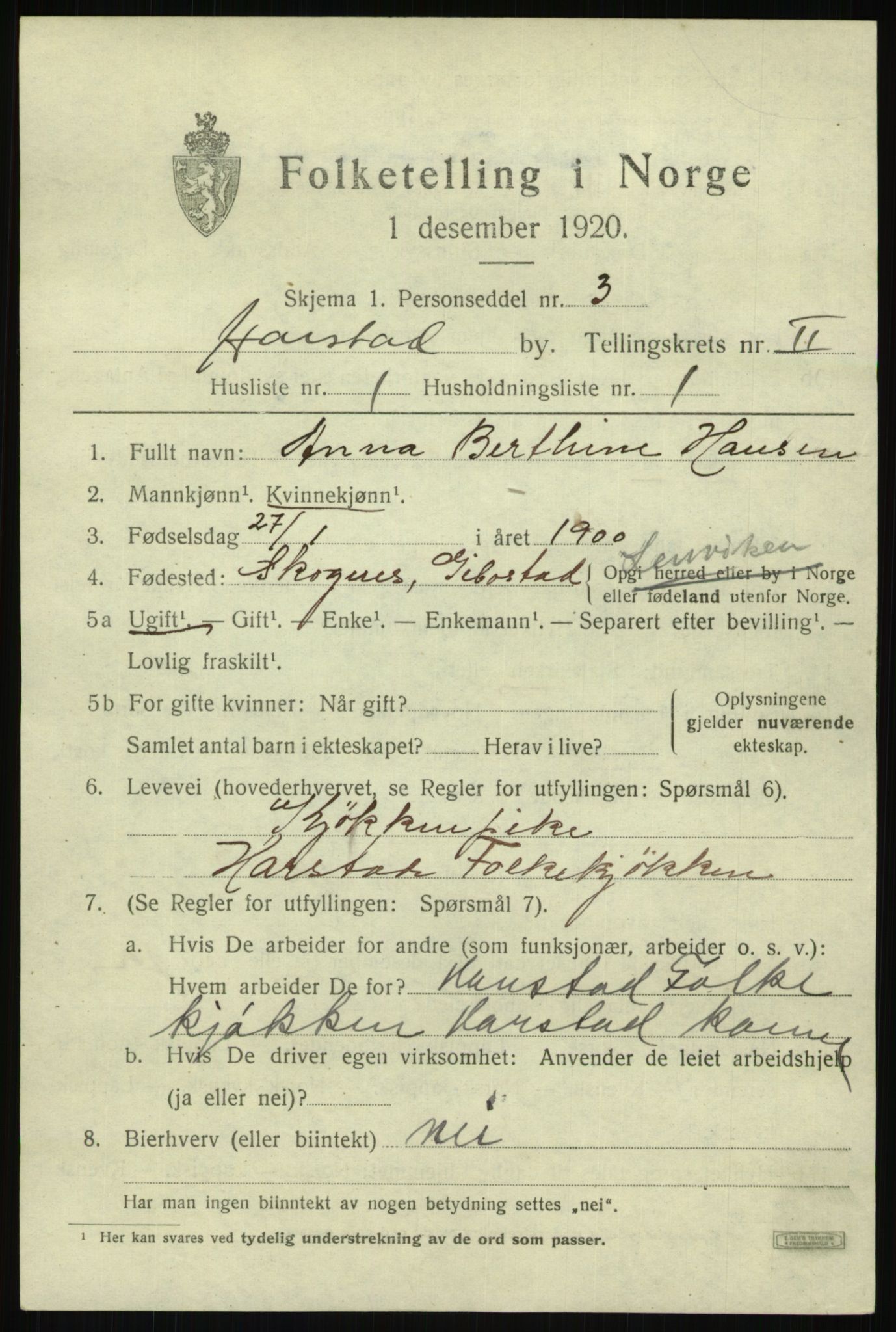 SATØ, 1920 census for Harstad, 1920, p. 2946