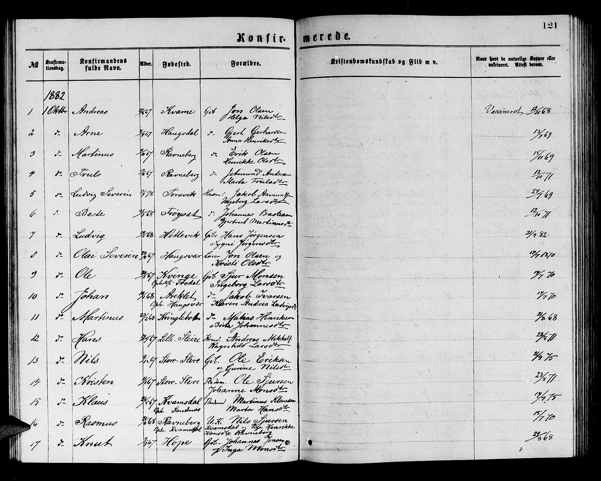 Masfjorden sokneprestembete, AV/SAB-A-77001: Parish register (copy) no. A 2, 1876-1891, p. 121